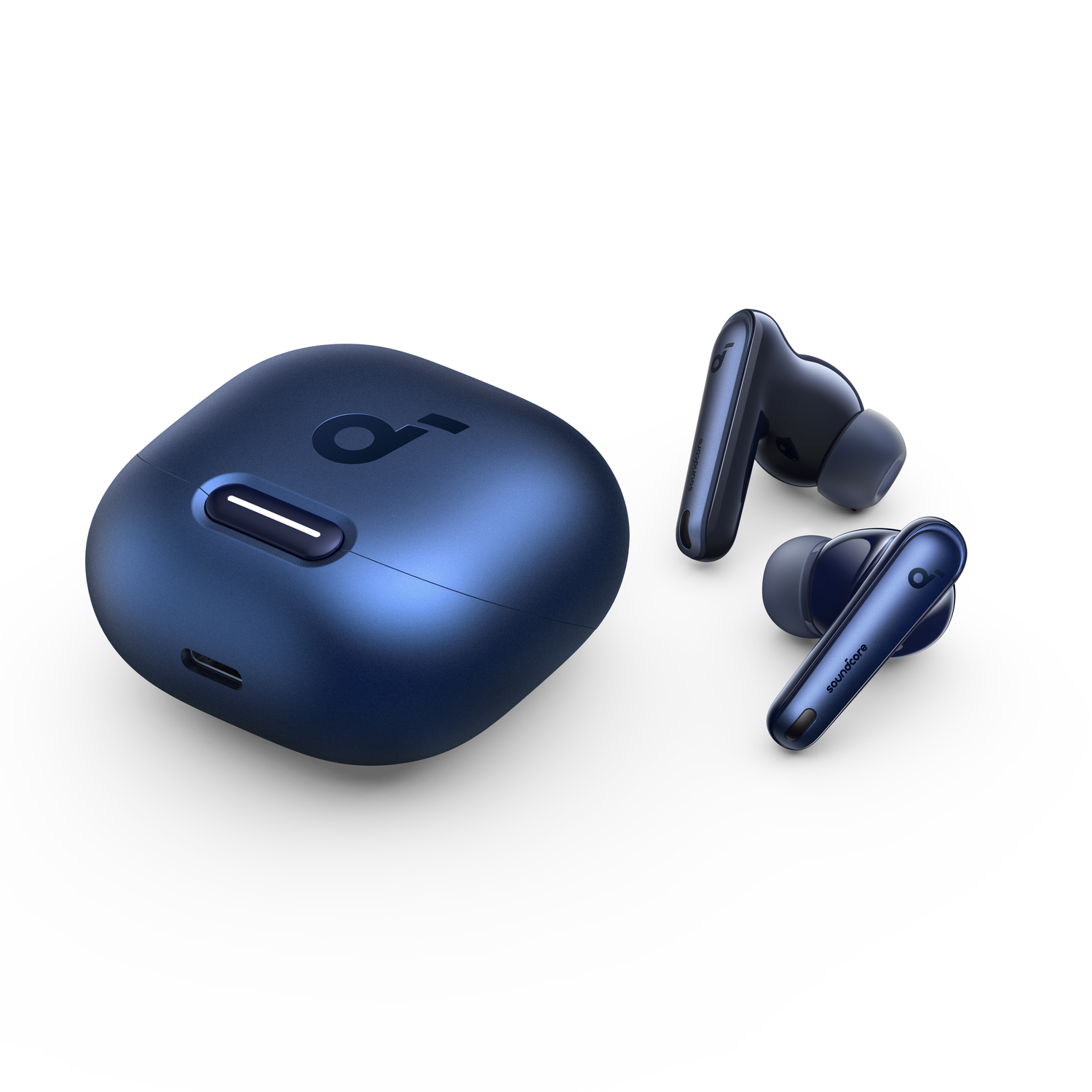 Écouteurs soundcore bleus et étui de chargement, isolés sur fond blanc.