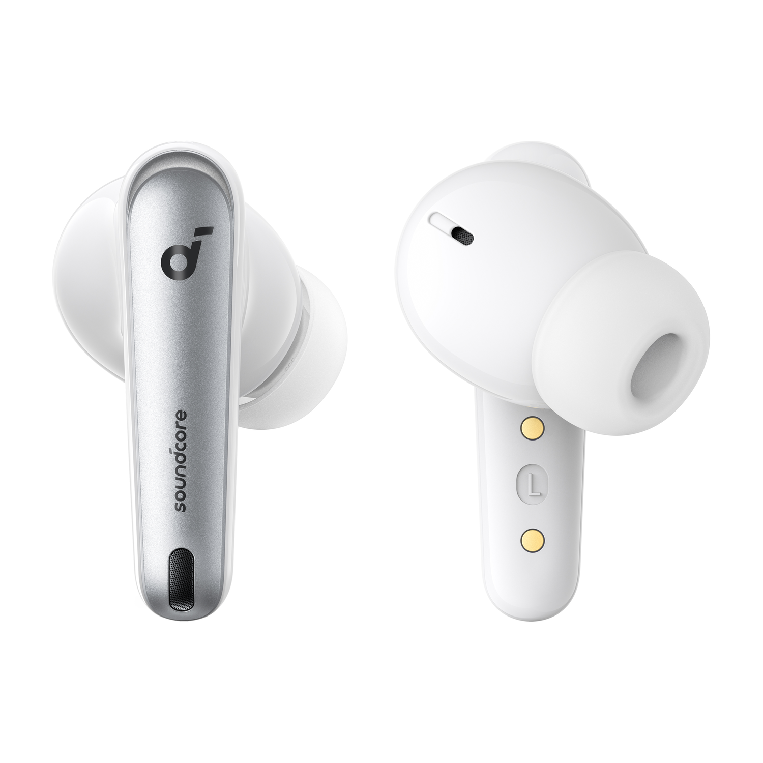 White Soundcore earbuds, silver accent. Two earbuds are shown. White background.