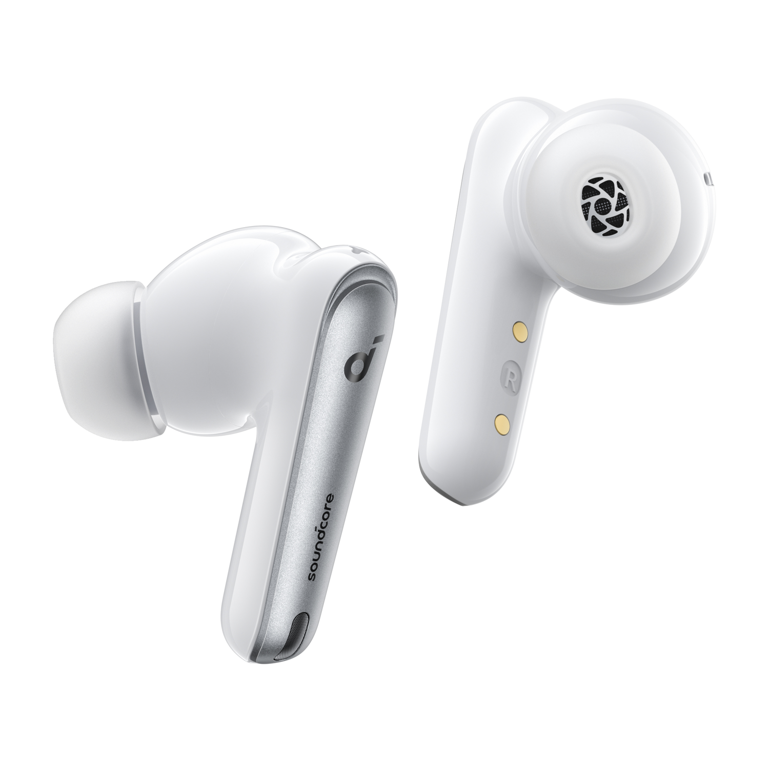 White earbuds with silver accents, angled view, isolated on white background.