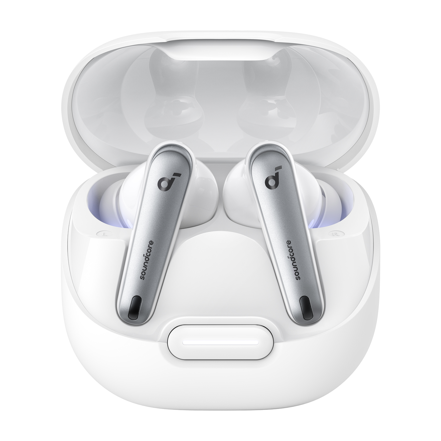 White earbuds inside their charging case. The earbuds have a silver accent.