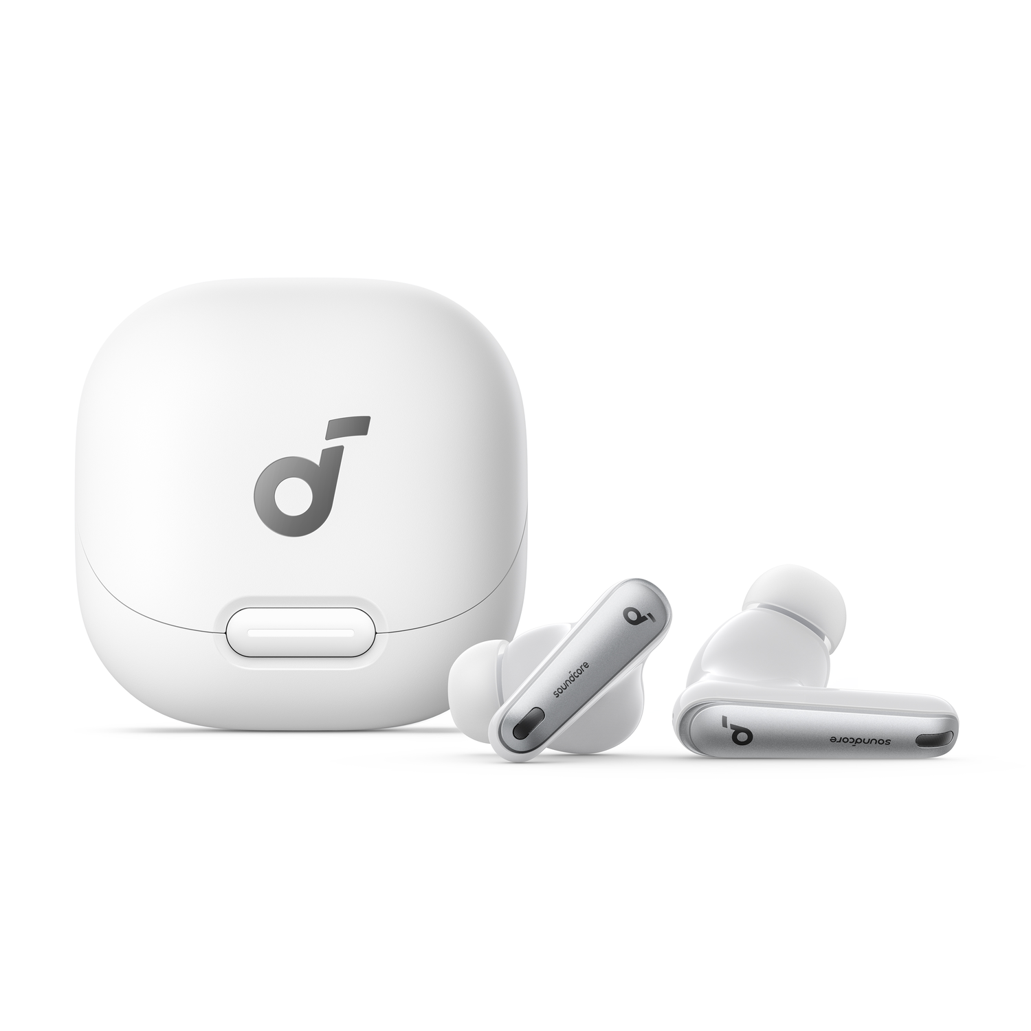 White Soundcore earbuds with charging case. Earbuds are near the case, angled to the right.