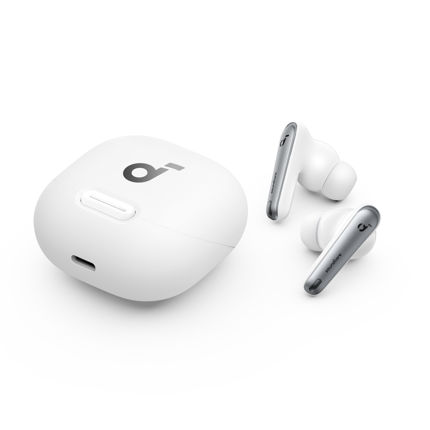 White earbuds with a charging case, on a white background, the brand is soundcore.