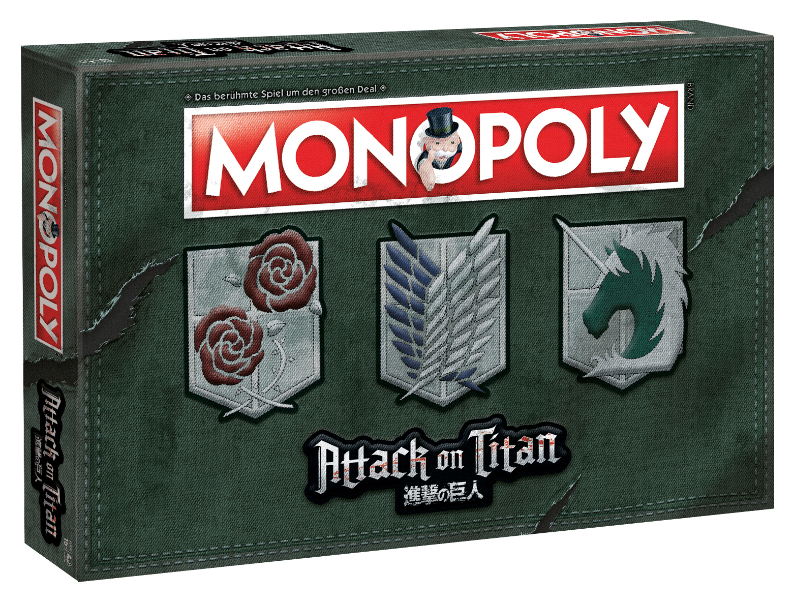 Monopoly-Spielbox: Attack on Titan-Thema, Logos und Bilder sind auf der Box vorhanden.