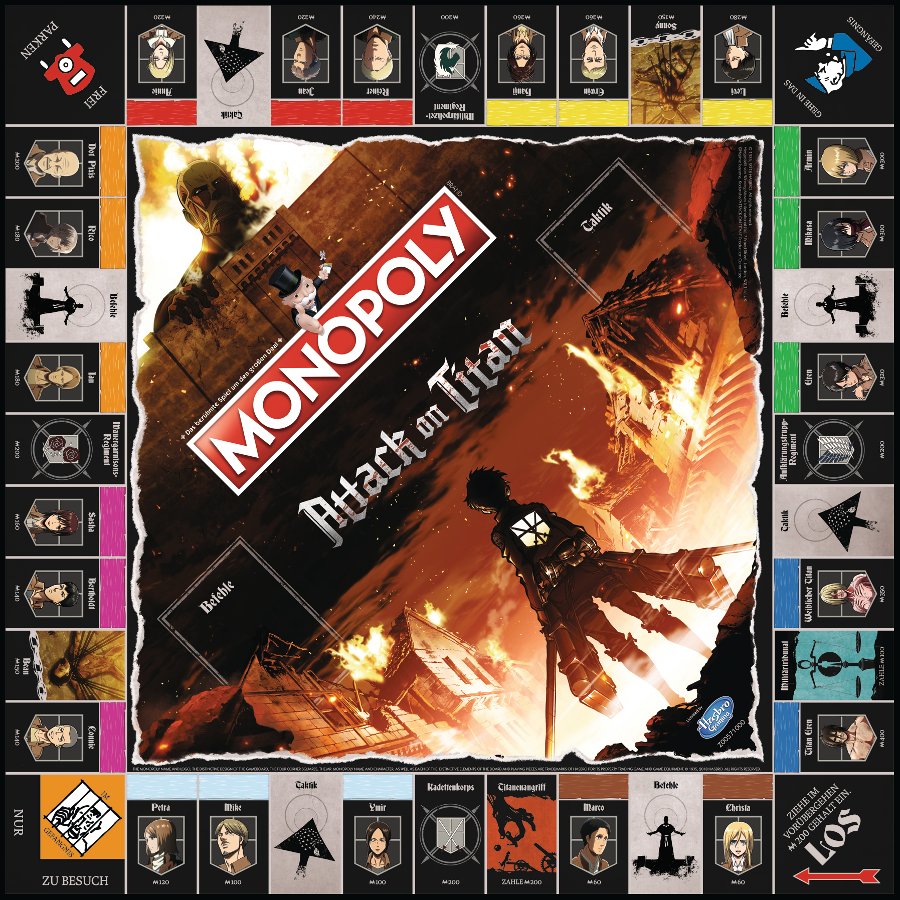 Monopoly 'Attack on Titan' Spielbrett. Mit Charakteren und Artwork.