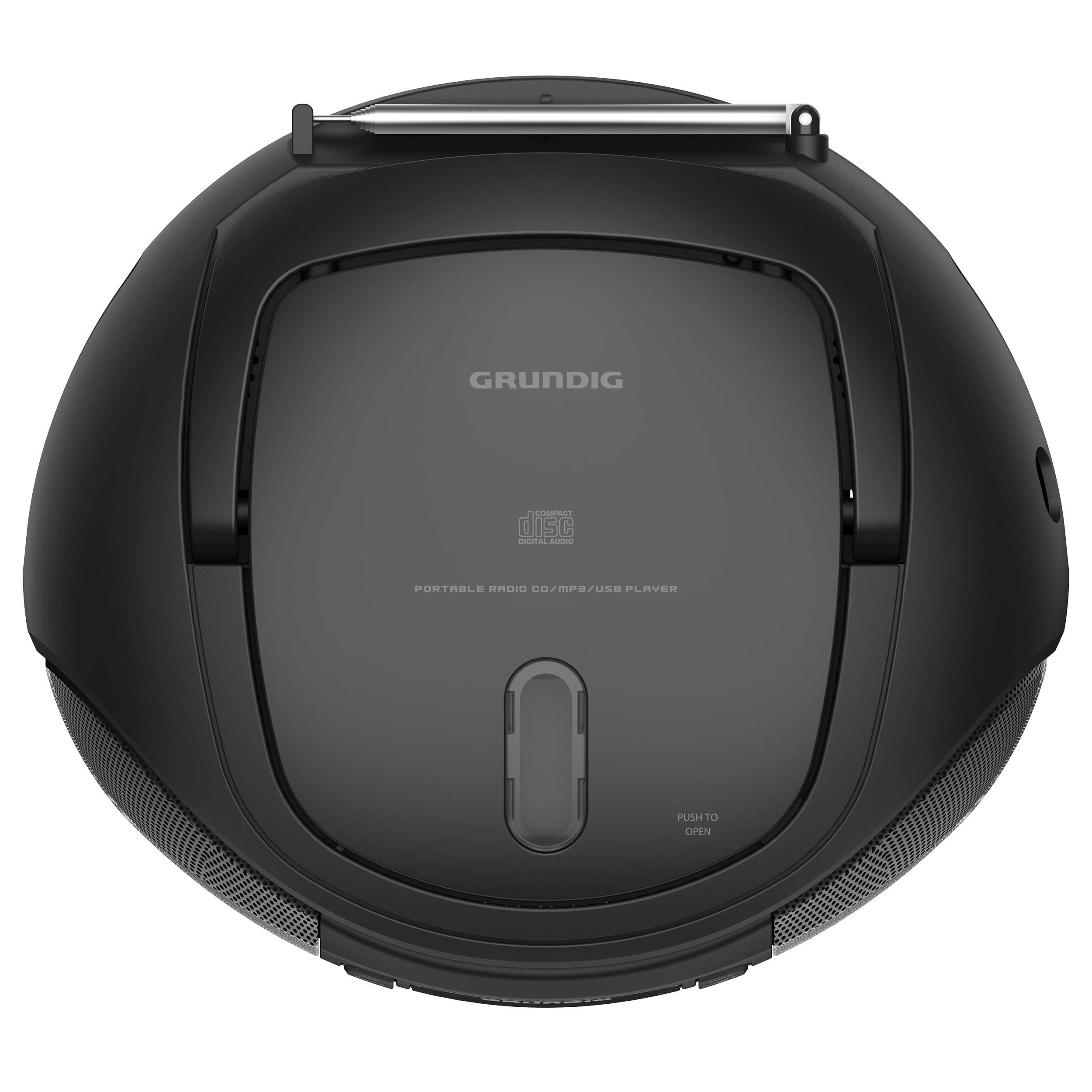 Schwarzes tragbares Grundig Radio/CD/MP3/USB-Player mit Antenne und Bedienfeld.