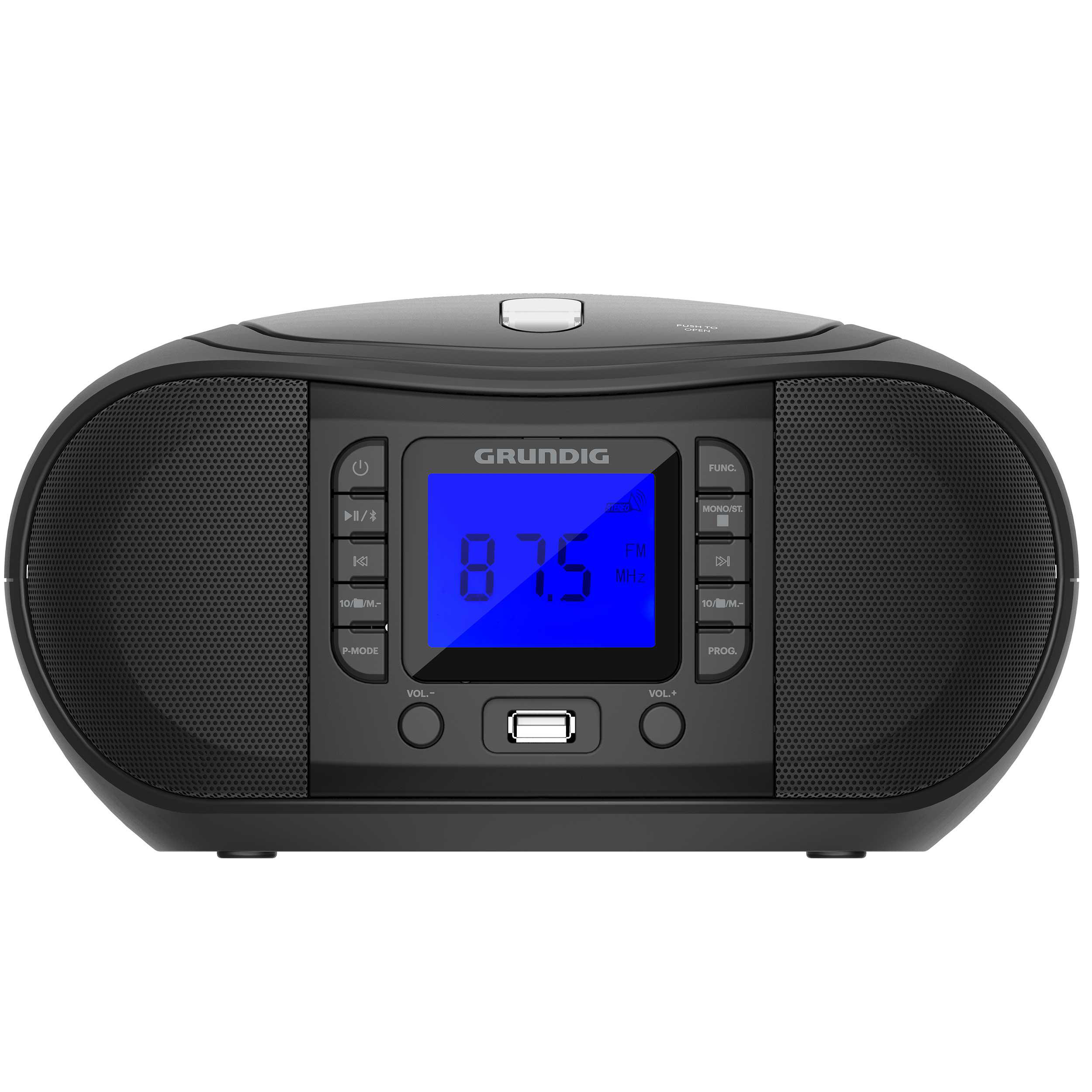 Schwarzes Grundig Radio. Blaues Display zeigt 87,5. Tasten und USB-Anschluss sichtbar.