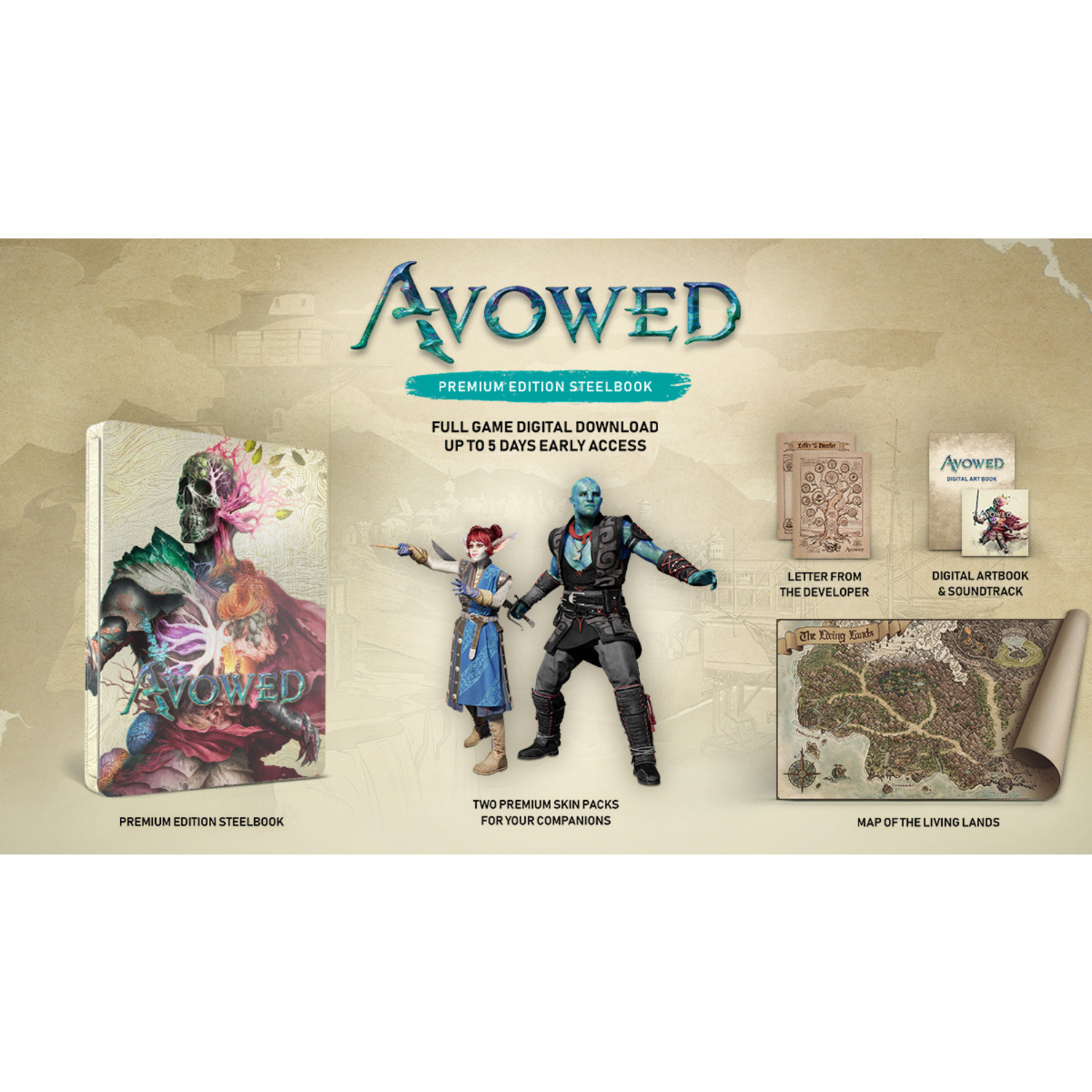 Avowed game package. Includes Steelbook, figures, map, and digital artbook. Two figures stand in the foreground.