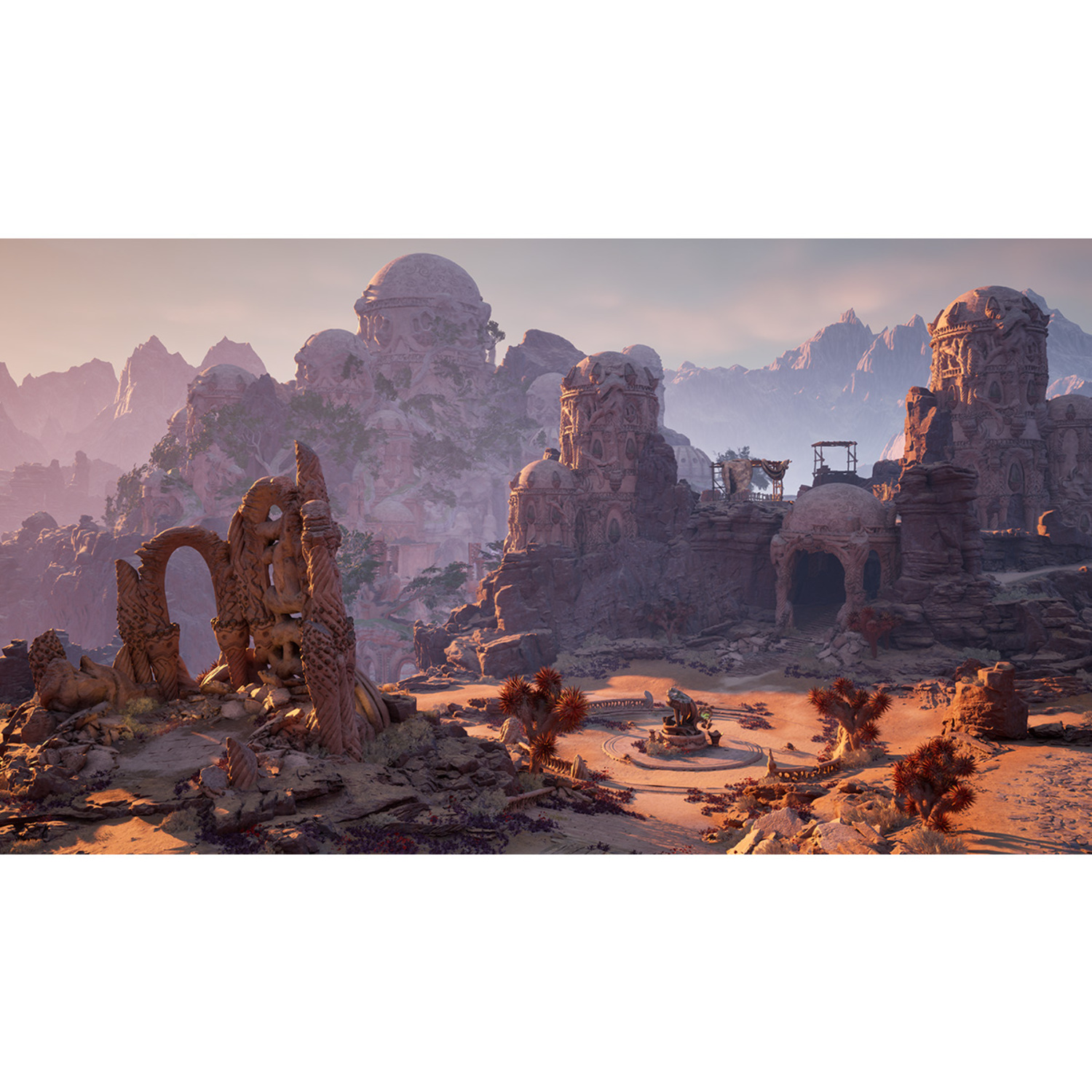 A desert landscape with ancient ruins and mountains in the background. The sky is hazy.