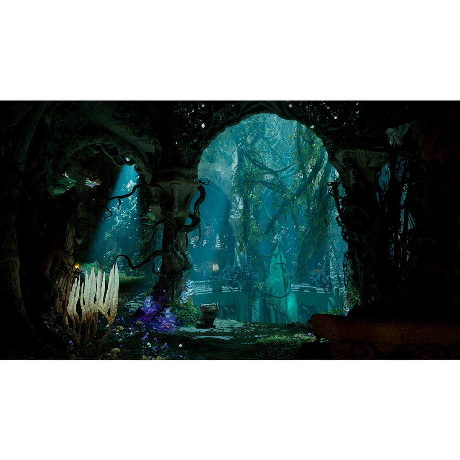 Cave interior with light. Water and plants are visible. Some light beams in the cave.