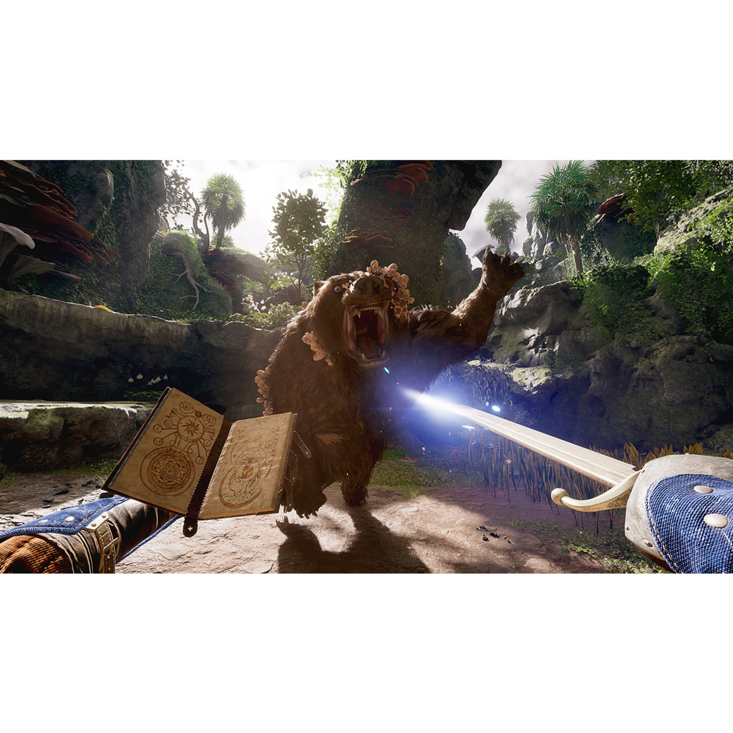 A bear roars at the viewer in a game scene. A sword and a book are in the foreground.