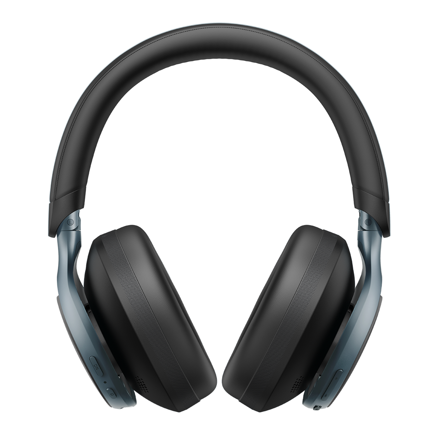 Black headphones with gray accents against a black background.