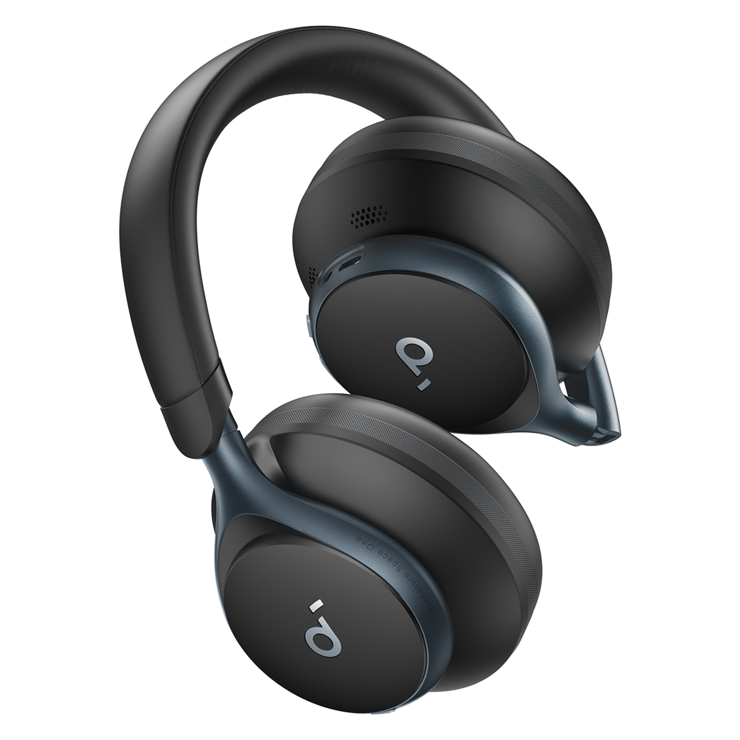 Black and blue headphones with a curved headband on a black background.