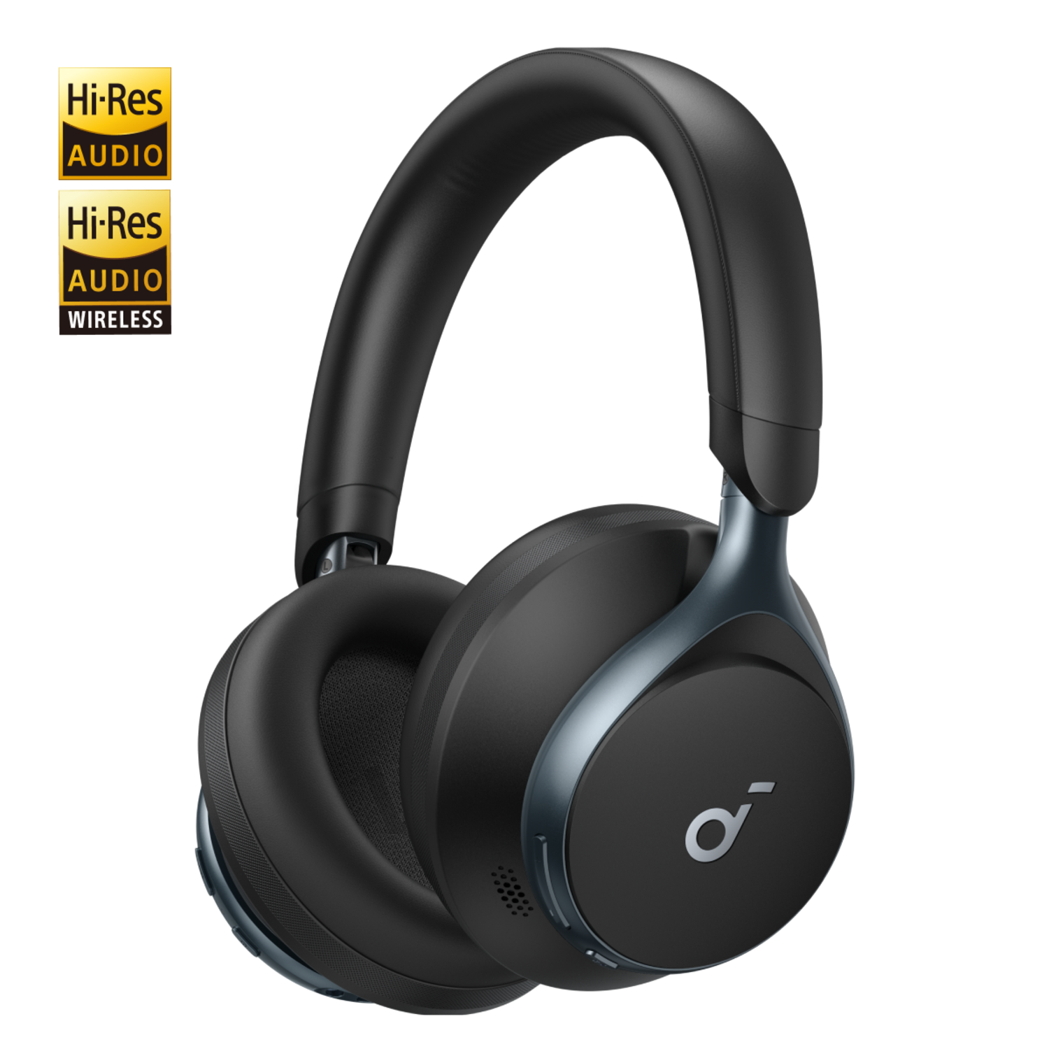 Black headphones with a logo, and gold accents, on a black background.