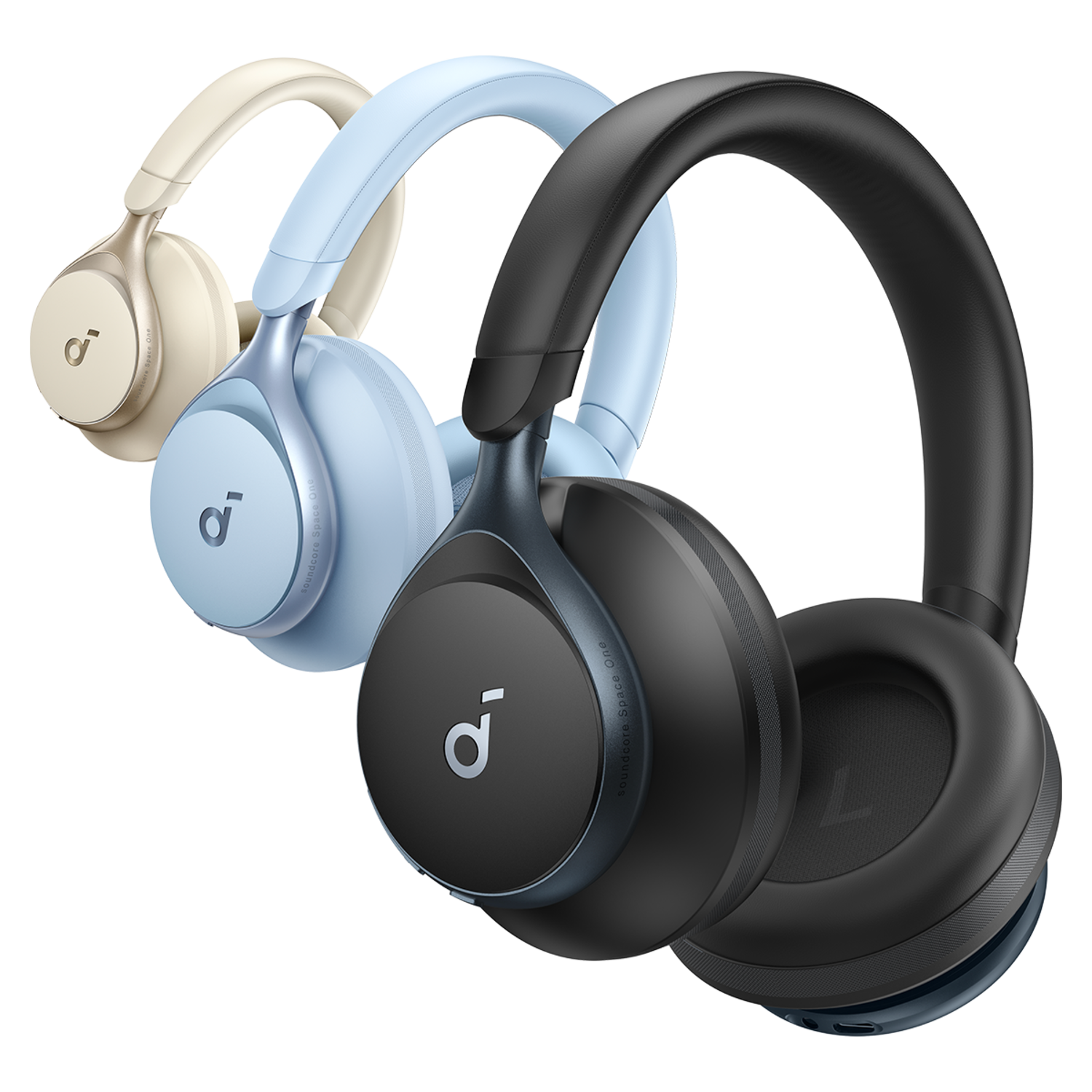 Three headphones in different colors. They have the same design, black, blue, and beige.