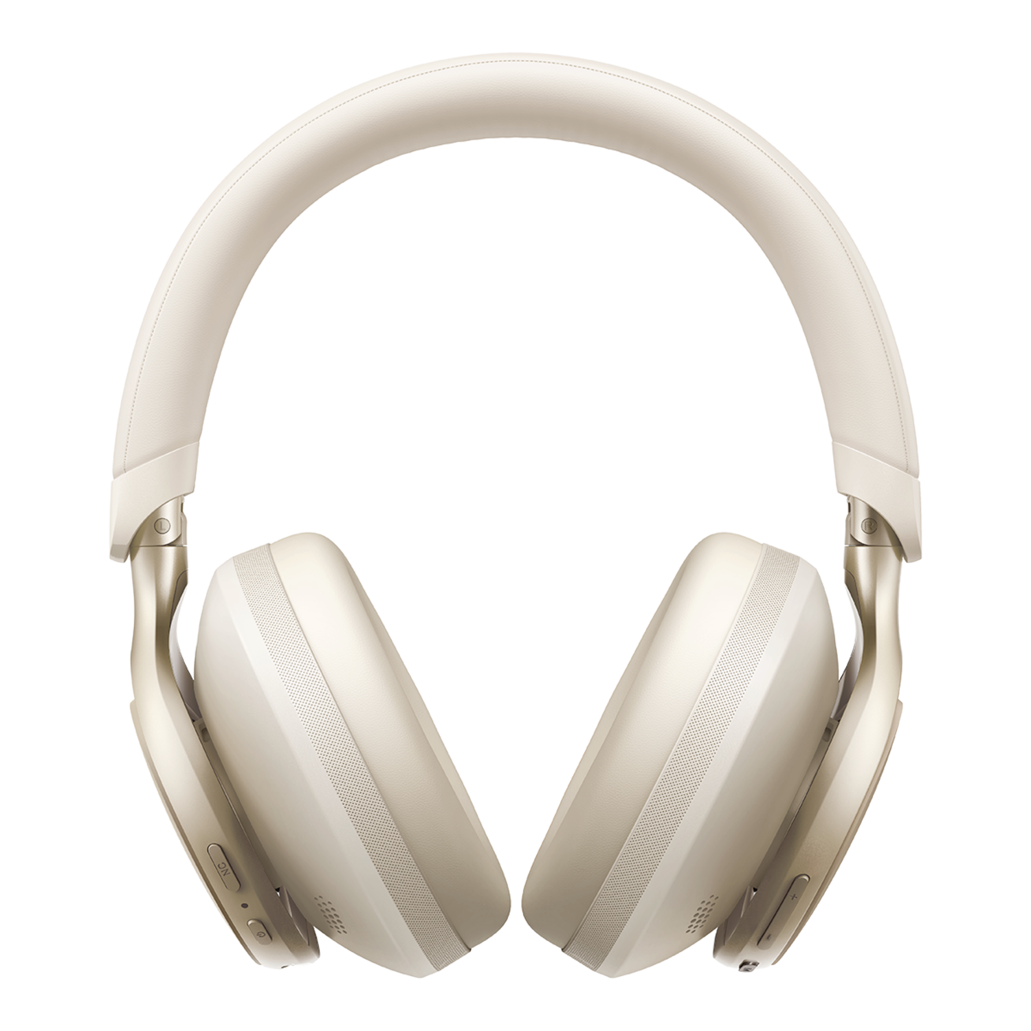 Casque circum-auriculaire beige sur fond noir.