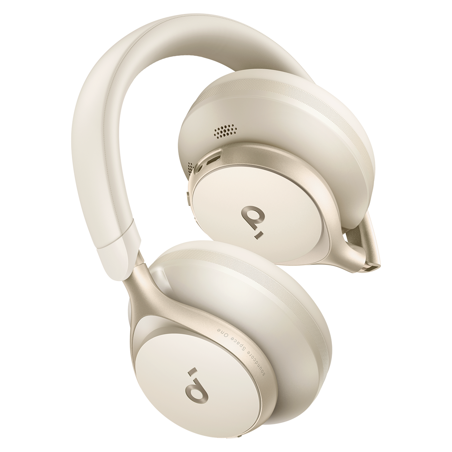 Casque blanc et doré avec un design de coussinet d'oreille circulaire, vu d'un léger angle sur une surface blanche.