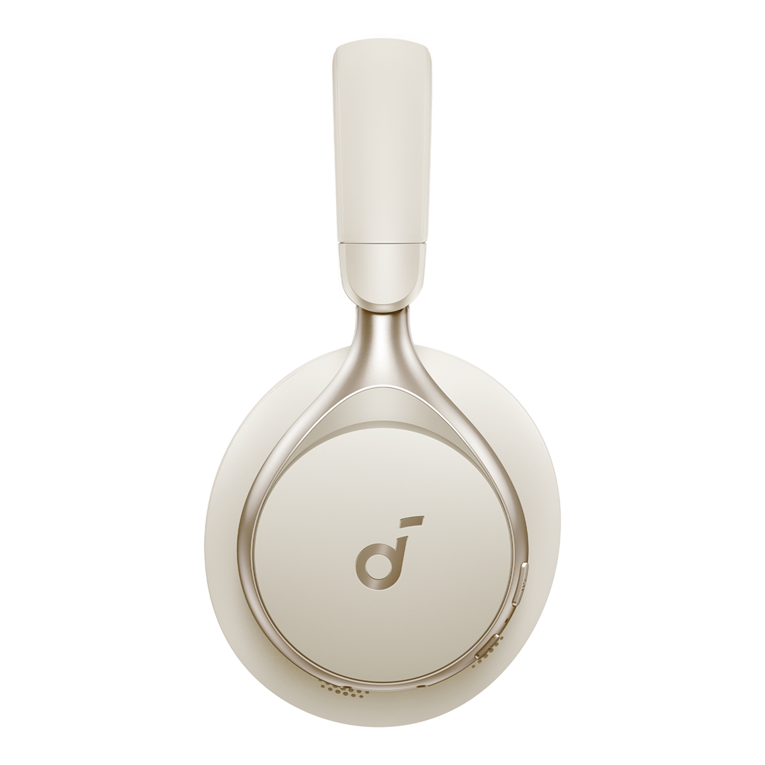 Casque crème avec détails argentés, coussinet circulaire et la lettre 'd' sur l'écouteur.