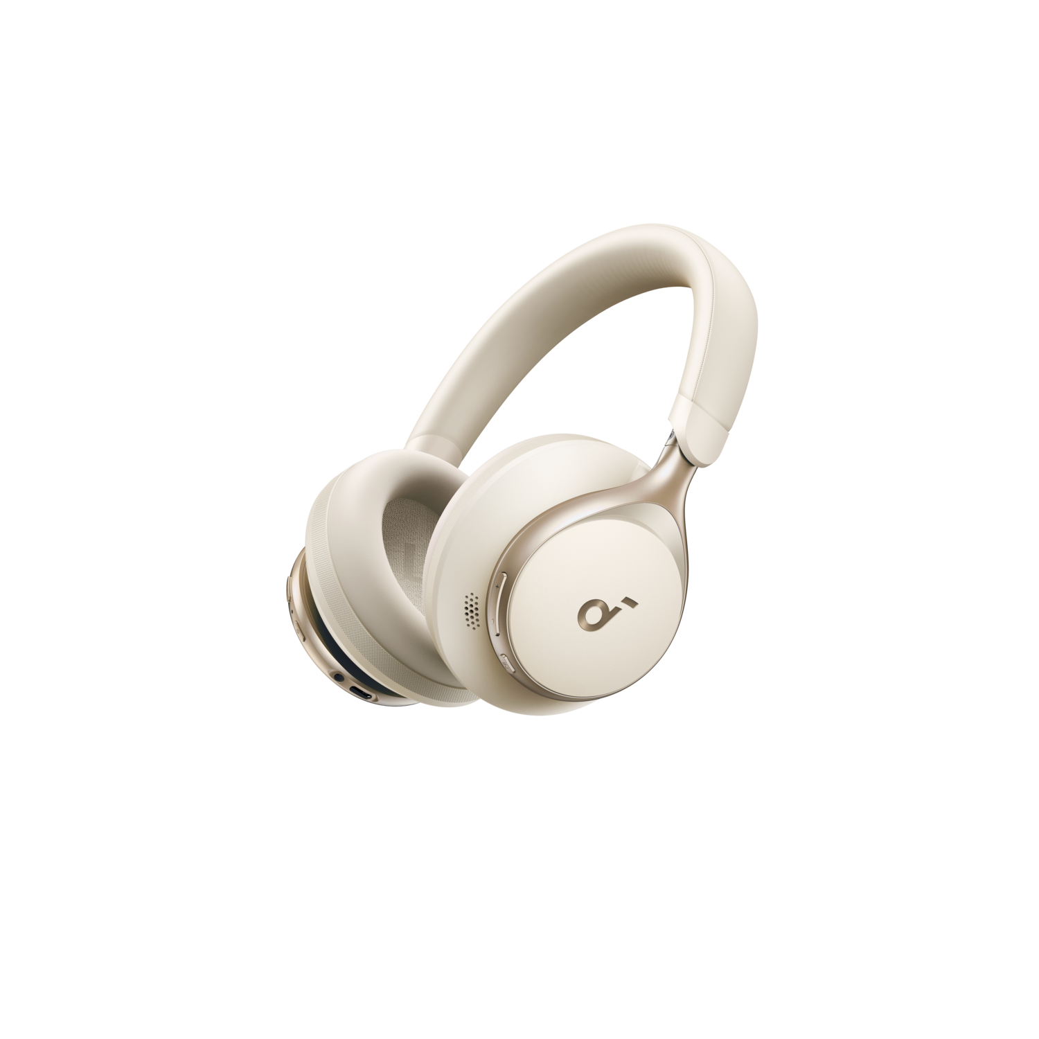 Casque circum-auriculaire blanc avec des accents dorés, sur fond noir, la marque est soundcore.