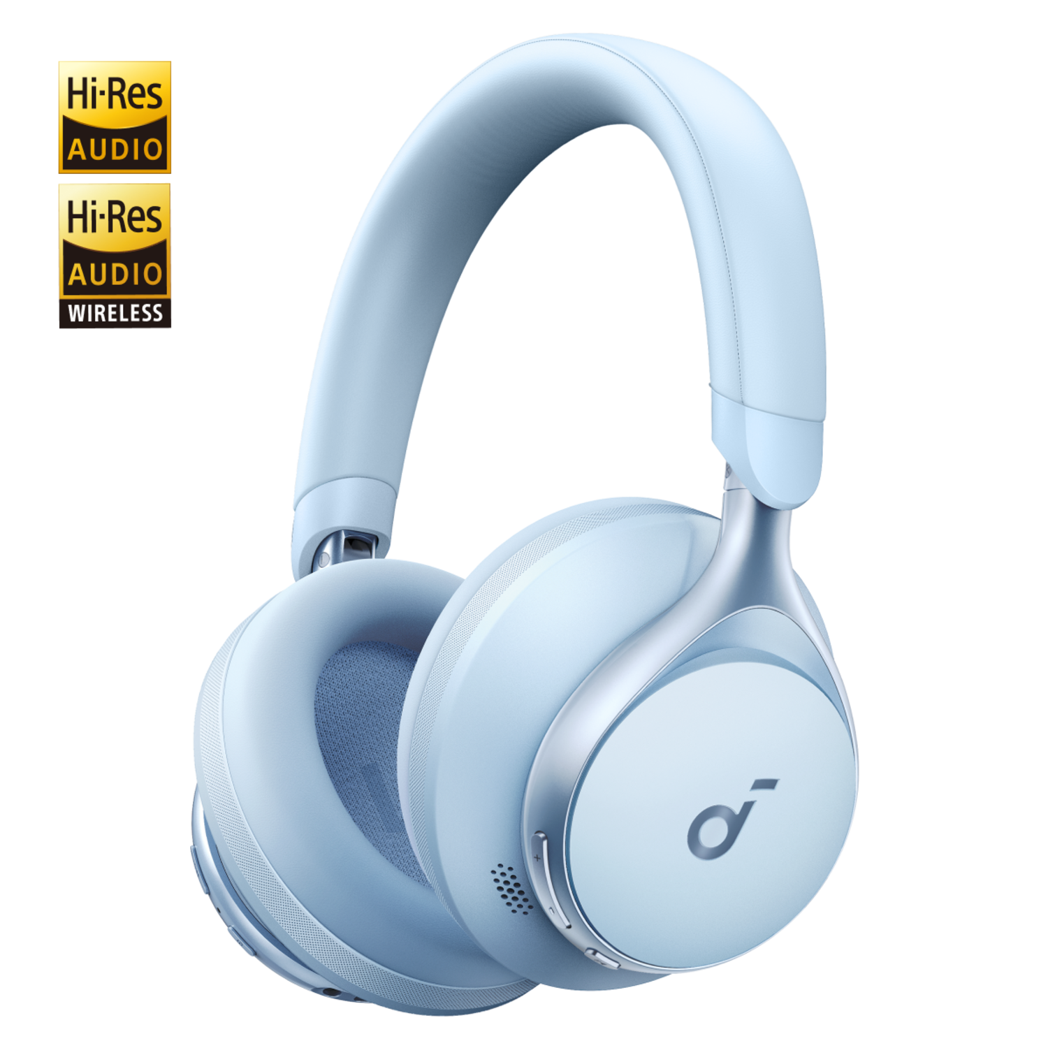 Blauwe over-ear koptelefoon met zilveren accenten en een zwarte achtergrond.