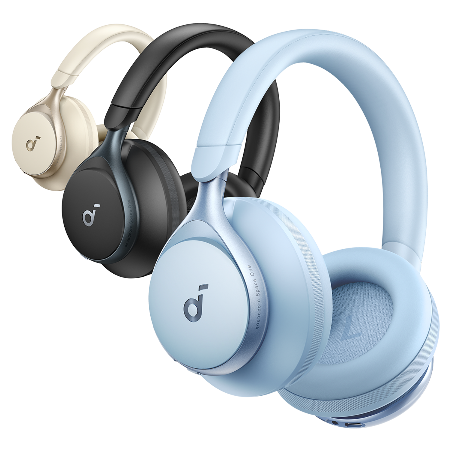 Drie over-ear koptelefoons in beige, zwart en blauw.