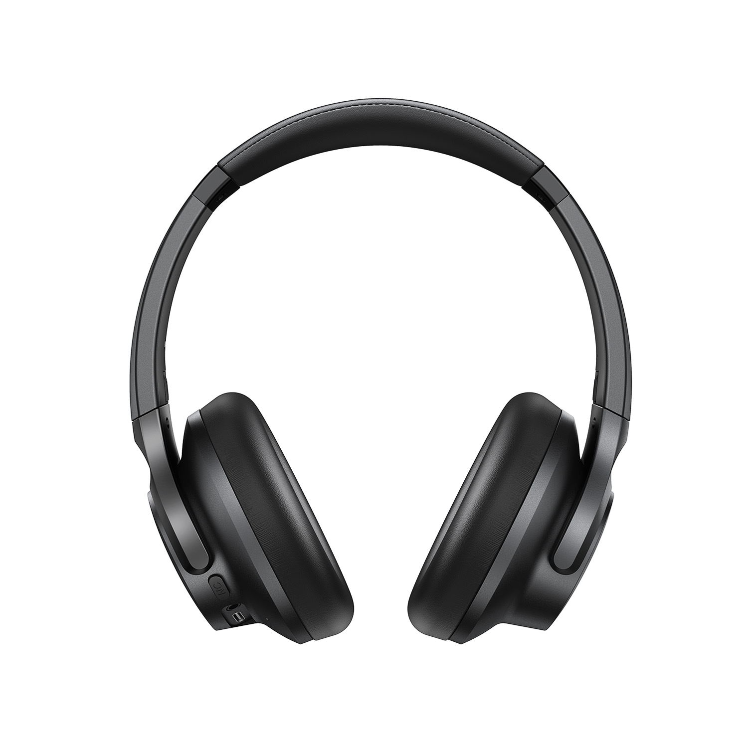 Zwarte over-ear hoofdtelefoon met een strak design, van voren bekeken.