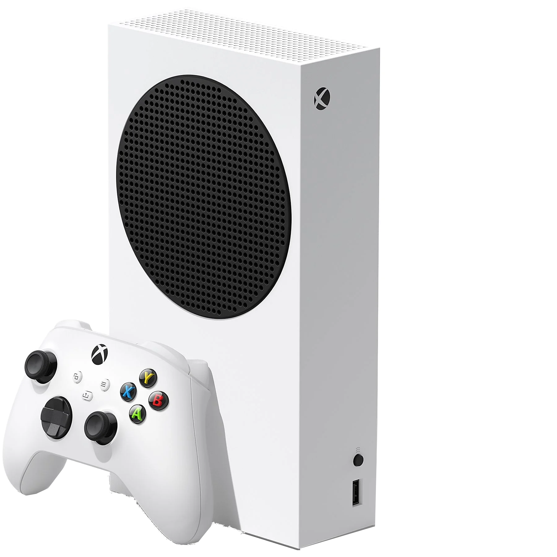 Consola y controlador Xbox Series S blancos. La consola está en posición vertical, el controlador al lado.