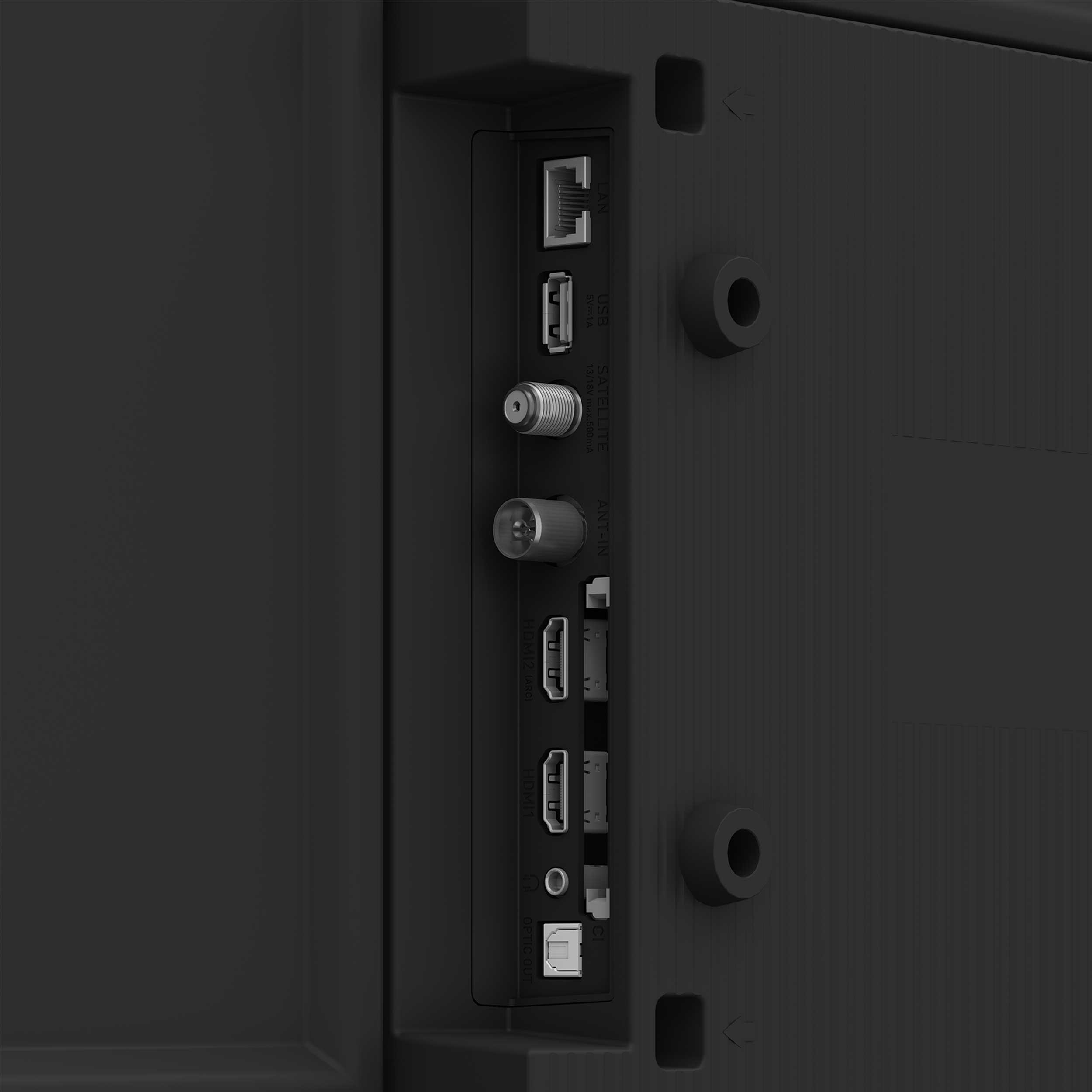 Rückseite des Fernsehers mit Anschlüssen. Ethernet, USB, Satellit und HDMI. Schwarz. Nahaufnahme.