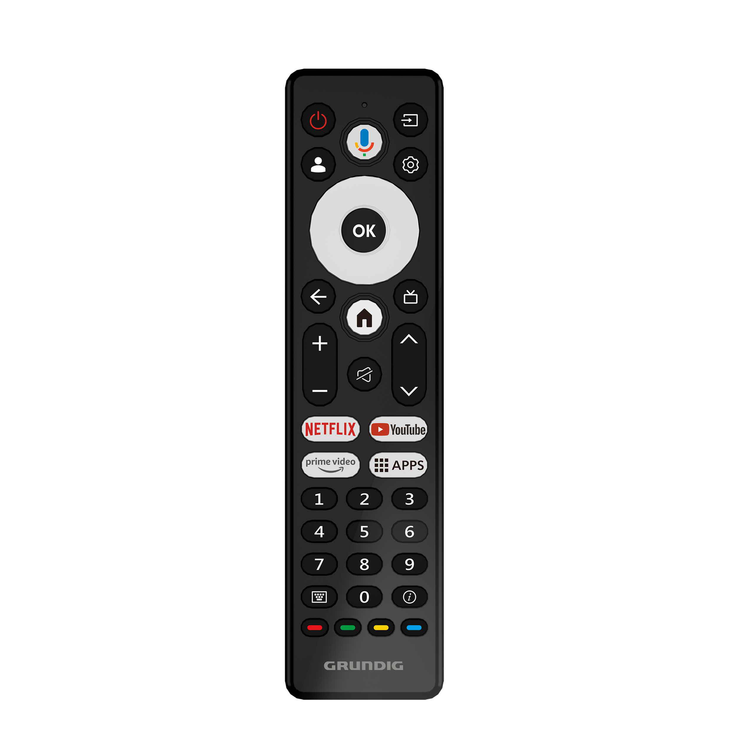 Schwarze Fernbedienung mit Tasten, inkl. Netflix und YouTube, auf Weiß.