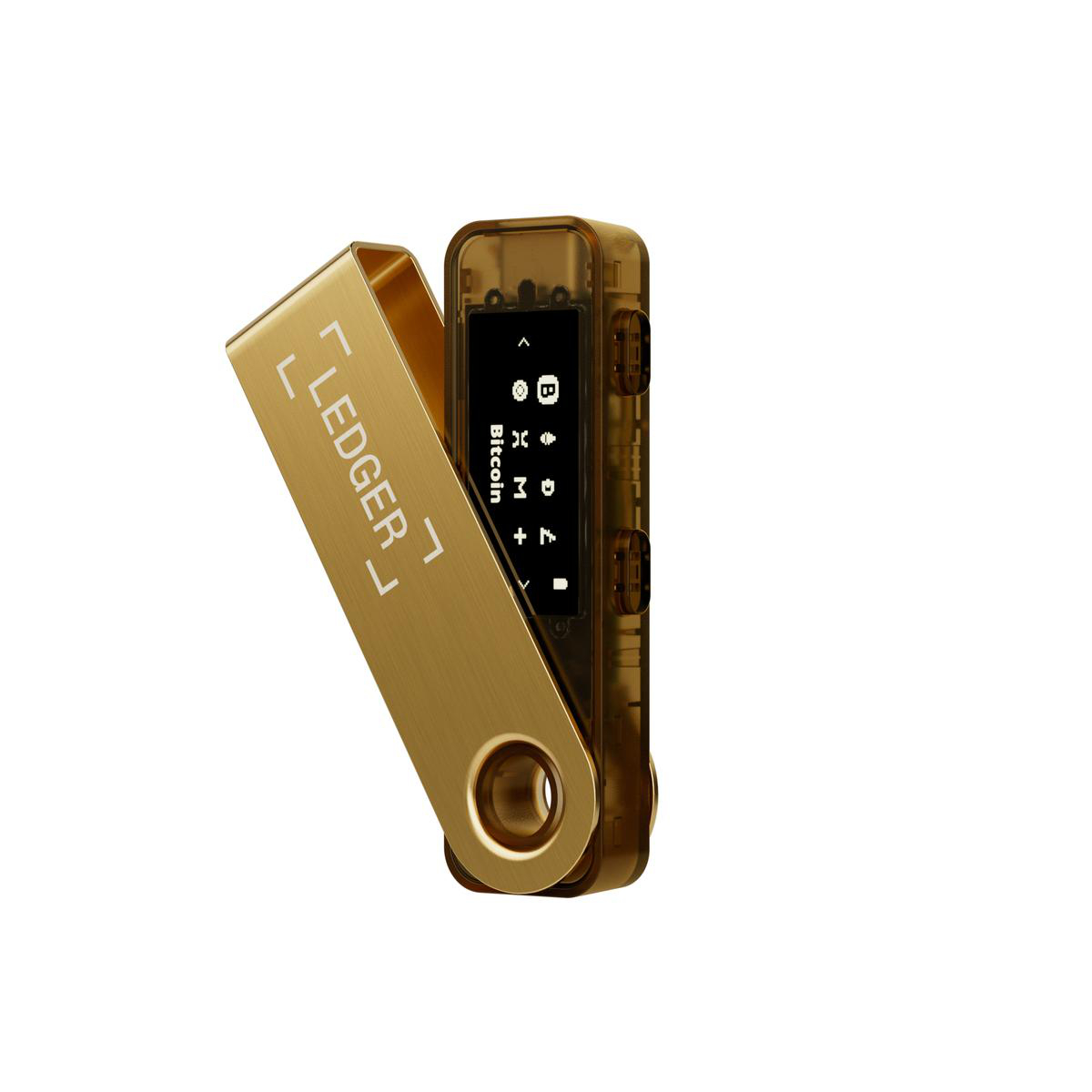 Ein goldenes Ledger-Hardware-Wallet, geöffnet mit einem Bildschirm, der Informationen anzeigt, auf weißem Hintergrund.