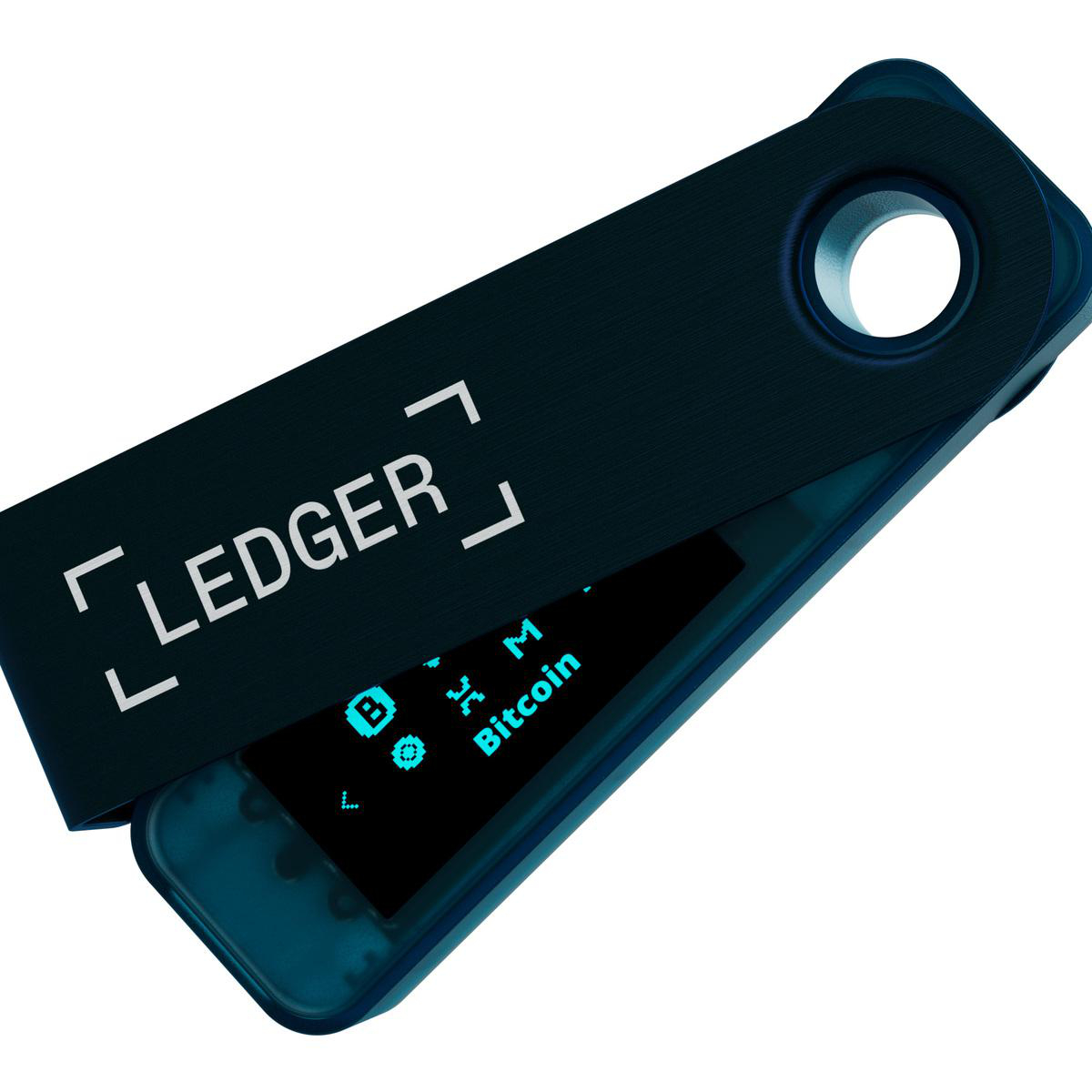 Ledger Hardware-Wallet, schwarz mit blauem Bildschirm, der Bitcoin-Informationen anzeigt.
