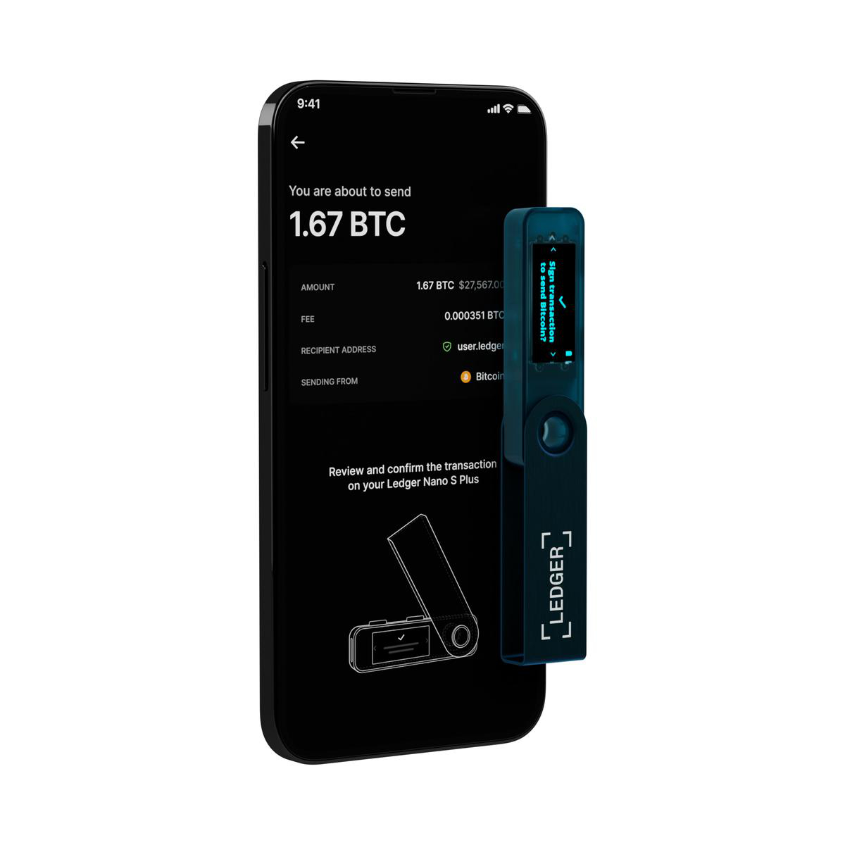 Telefon zeigt Bitcoin-Transaktion, Ledger Nano S Plus Gerät wird gezeigt.