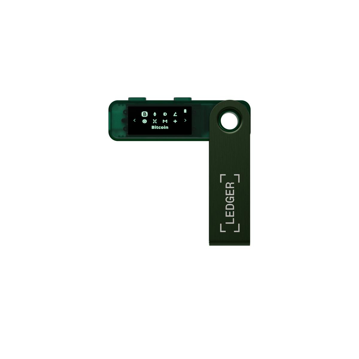 Ein Ledger Hardware-Wallet in Grün mit Bildschirm und Ledger-Logo.