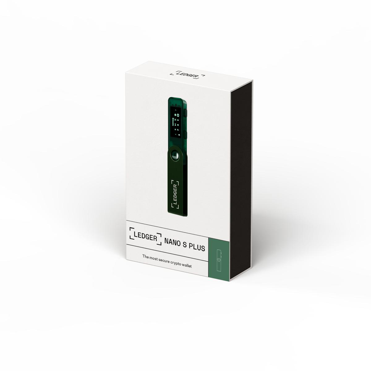 Ledger Nano S Plus Krypto-Wallet-Box, grünes Ledger-Logo und Gerät sichtbar.