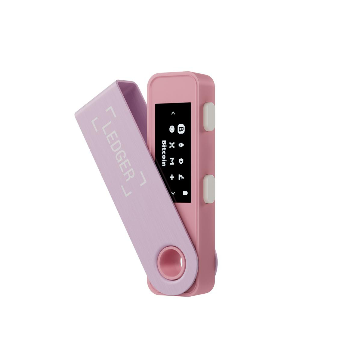 Pinkes Ledger Nano S Plus Hardware-Wallet. Es hat einen Bildschirm und Knöpfe, das Ledger-Logo ist sichtbar.