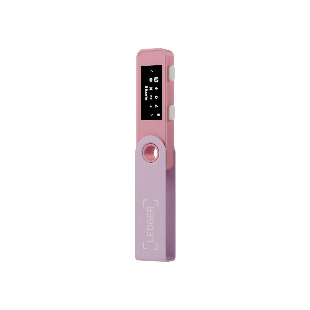 Eine pinke und lila Ledger Nano S Plus Hardware-Wallet für Kryptowährungen.