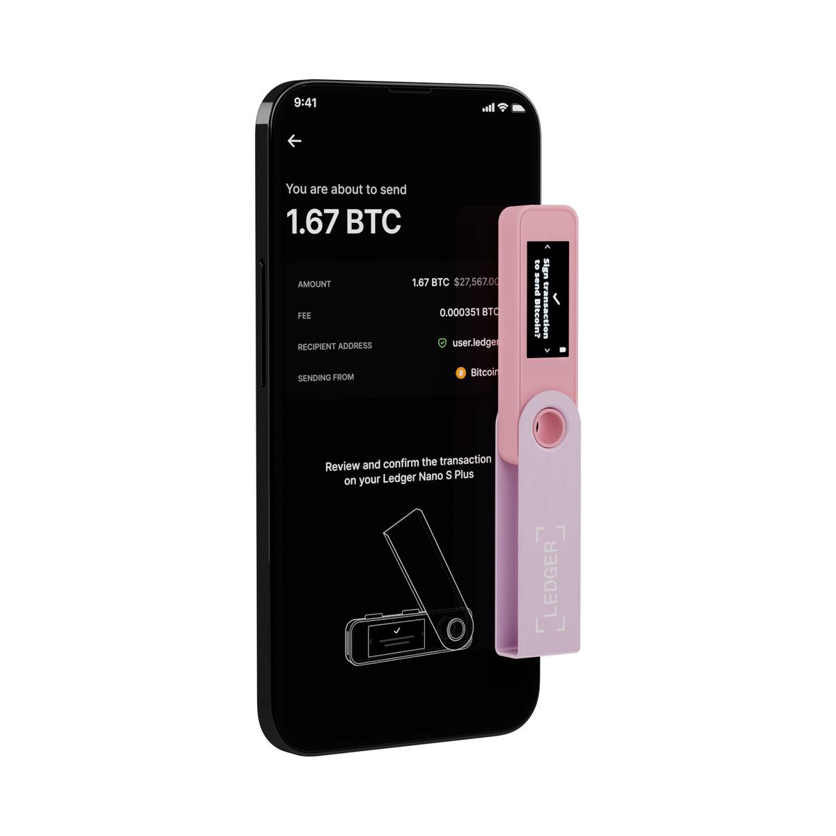 Ein Telefon, das einen Transaktionsbildschirm und eine rosa Krypto-Wallet zeigt. Weißer Hintergrund.