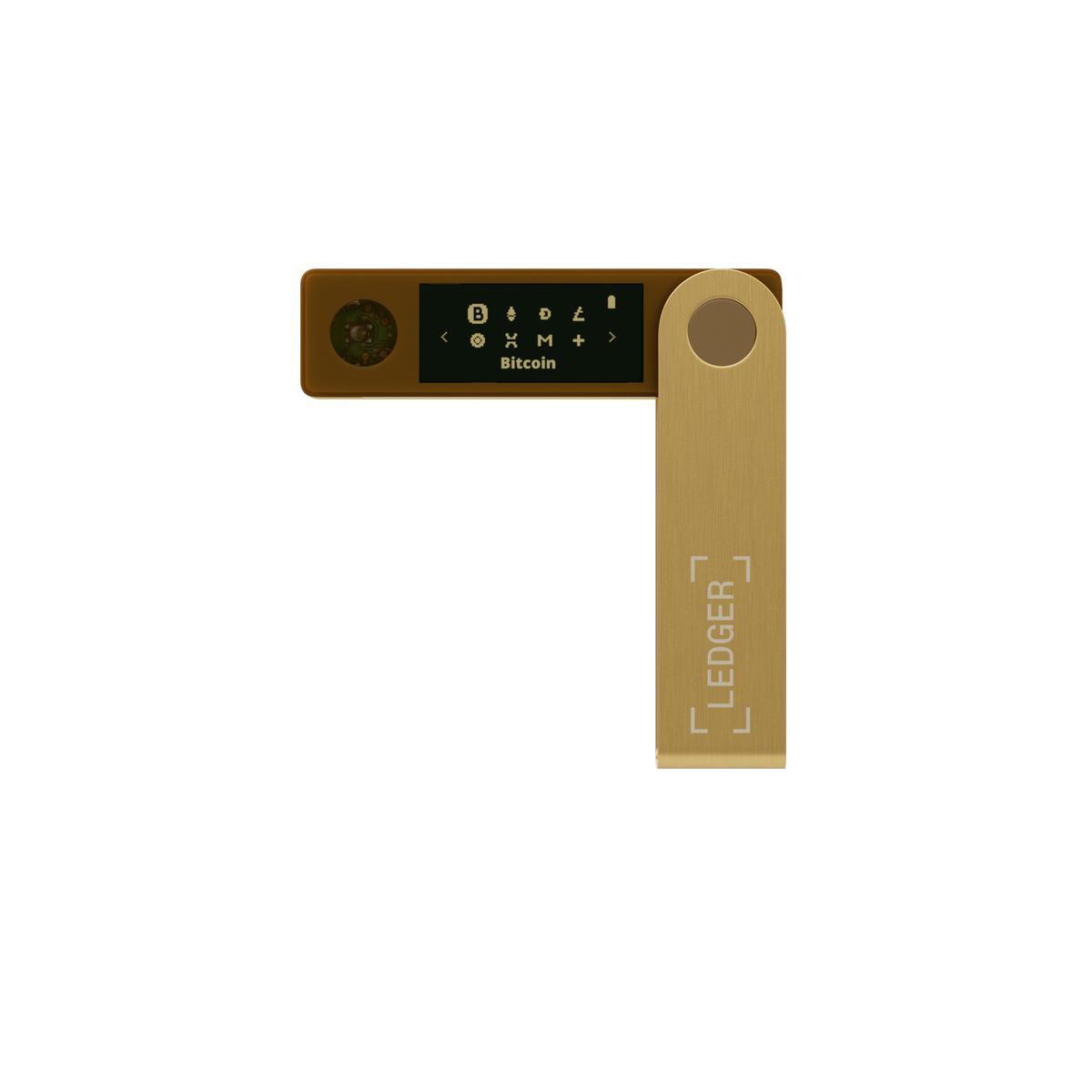 Goldenes Ledger Bitcoin Wallet mit Bildschirm, der Bitcoin-Symbole zeigt, vor weißem Hintergrund.