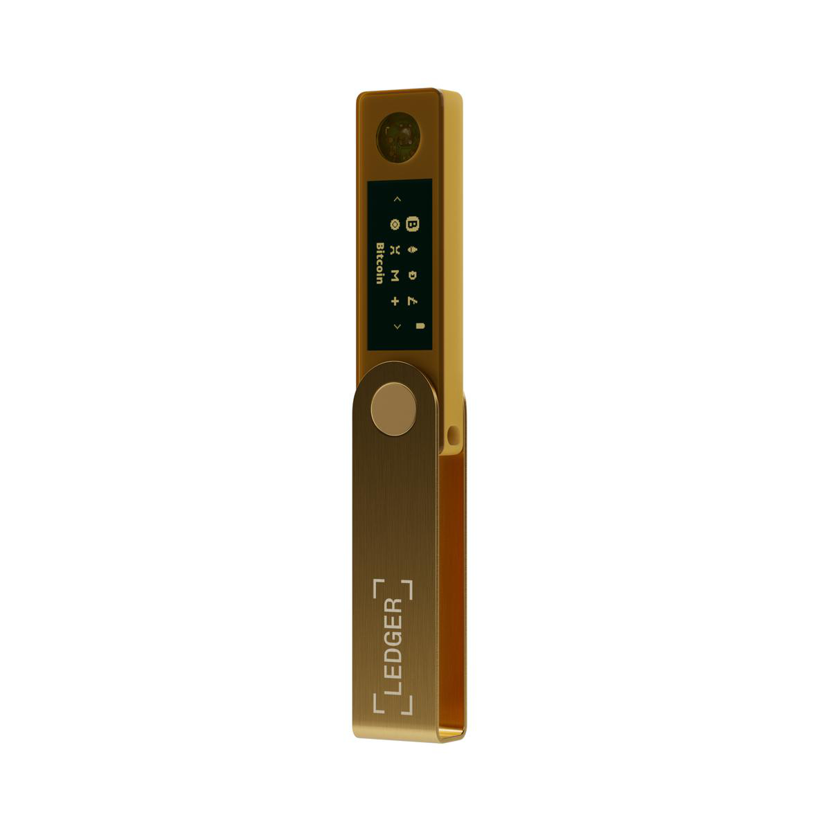 Goldenes Ledger-Gerät. Zeigt einen Bildschirm mit Bitcoin und anderen Symbolen.