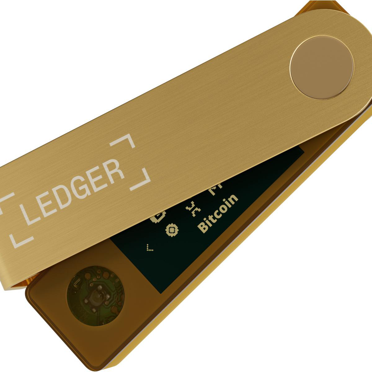 Eine goldene Ledger-Geldbörse, die geöffnet ist und den Bildschirm zeigt.