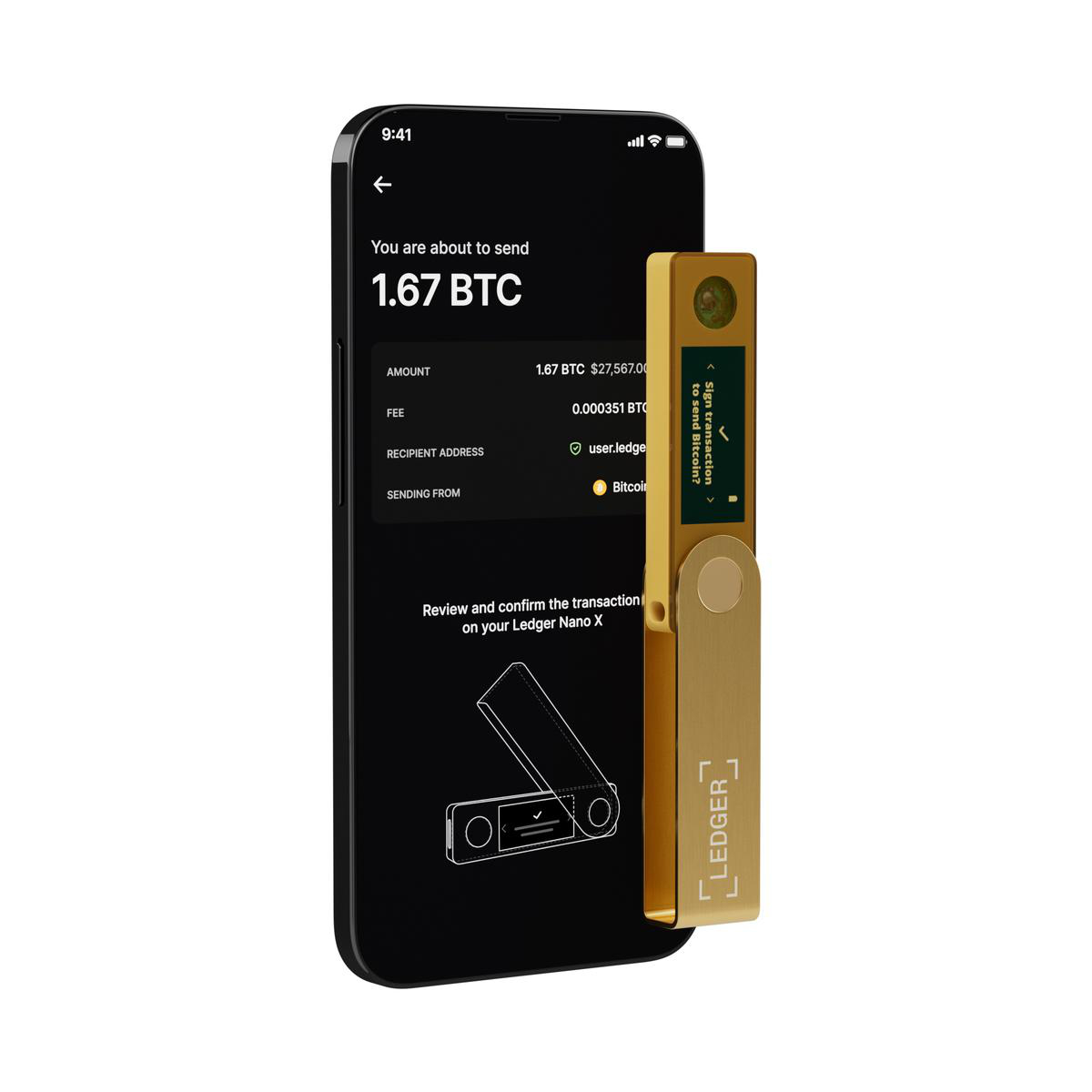 Ein Telefon zeigt ein Ledger Nano X, das eine Transaktion über 1,67 BTC anzeigt.