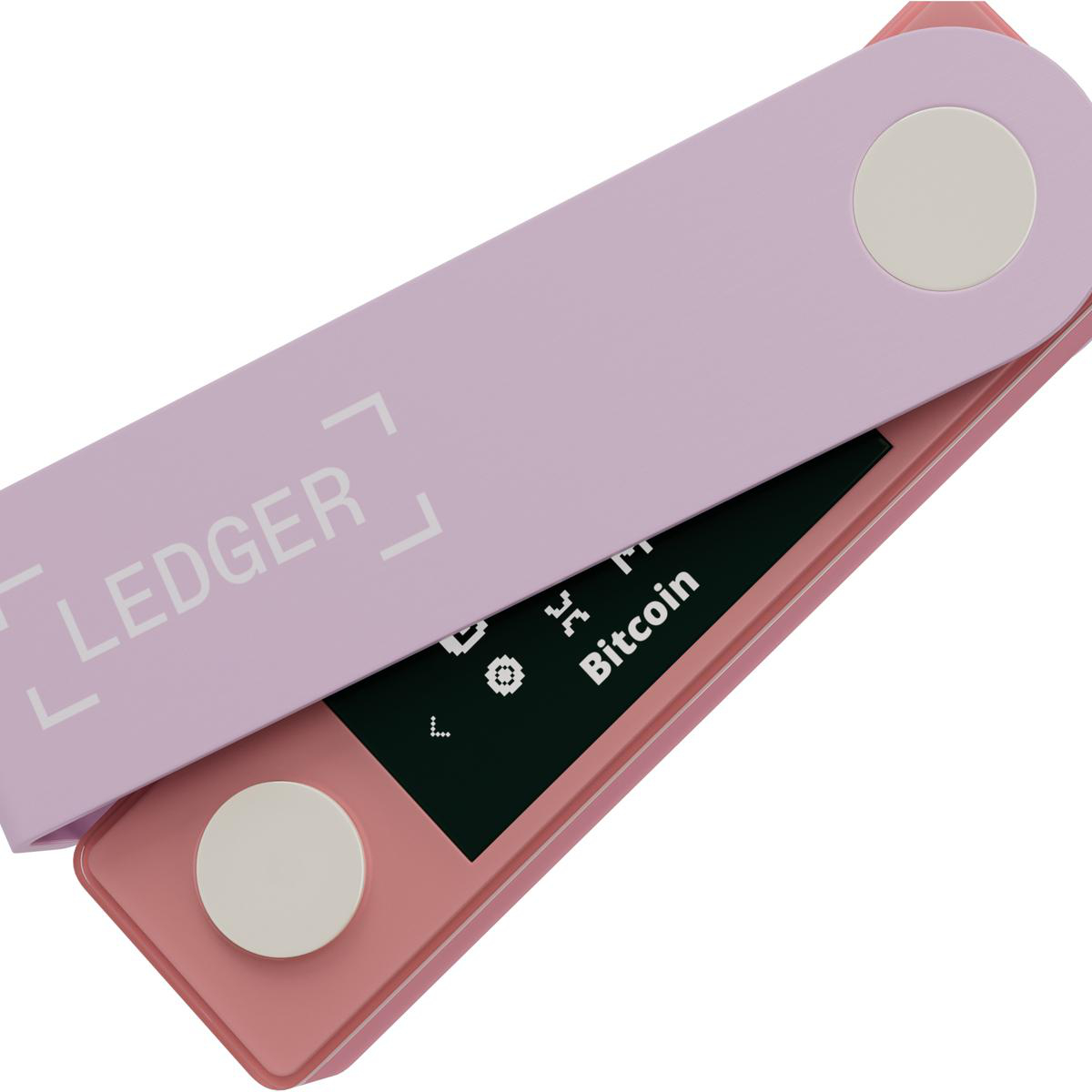 Nahaufnahme einer rosa Krypto-Wallet. Der Bildschirm hat Daten. Der Hintergrund ist weiß.