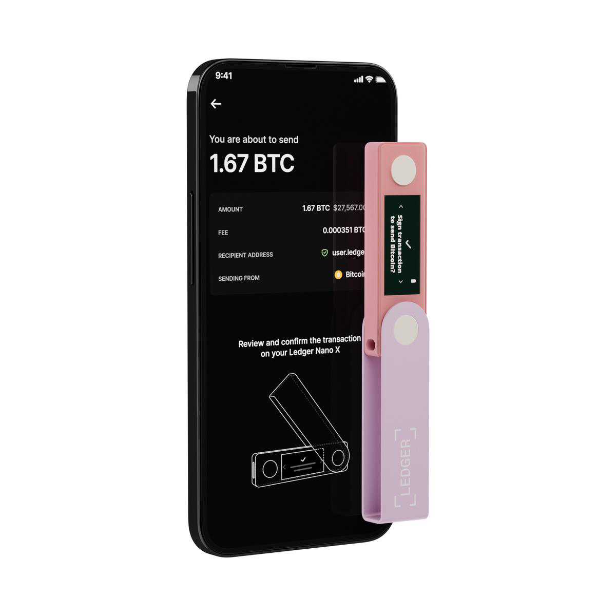 Ein pinkes und lila Ledger Nano X Gerät neben einem Smartphone-Bildschirm.