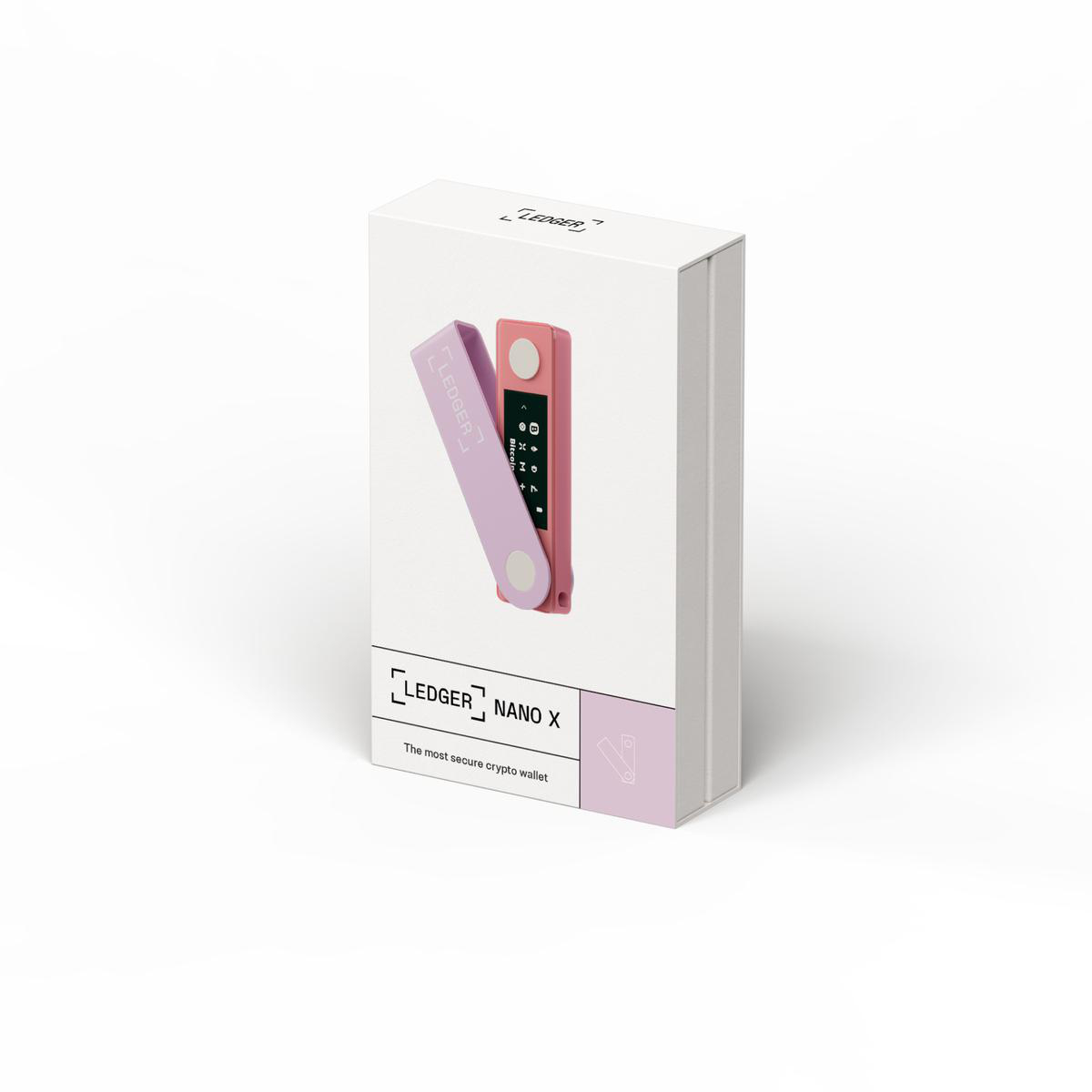 Eine Krypto-Wallet in einer Box. Die Wallet ist rosa und lila, das Ledger Nano X Logo ist sichtbar.