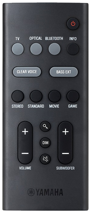 Ciemnoszary pilot z wieloma przyciskami. Przyciski obejmują głośność, kanał i zasilanie. Logo Yamaha na dole.