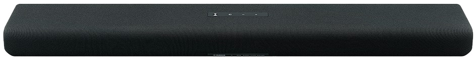 Czarny soundbar z panelem sterowania i logo Yamaha. Umieszczony na białej powierzchni.