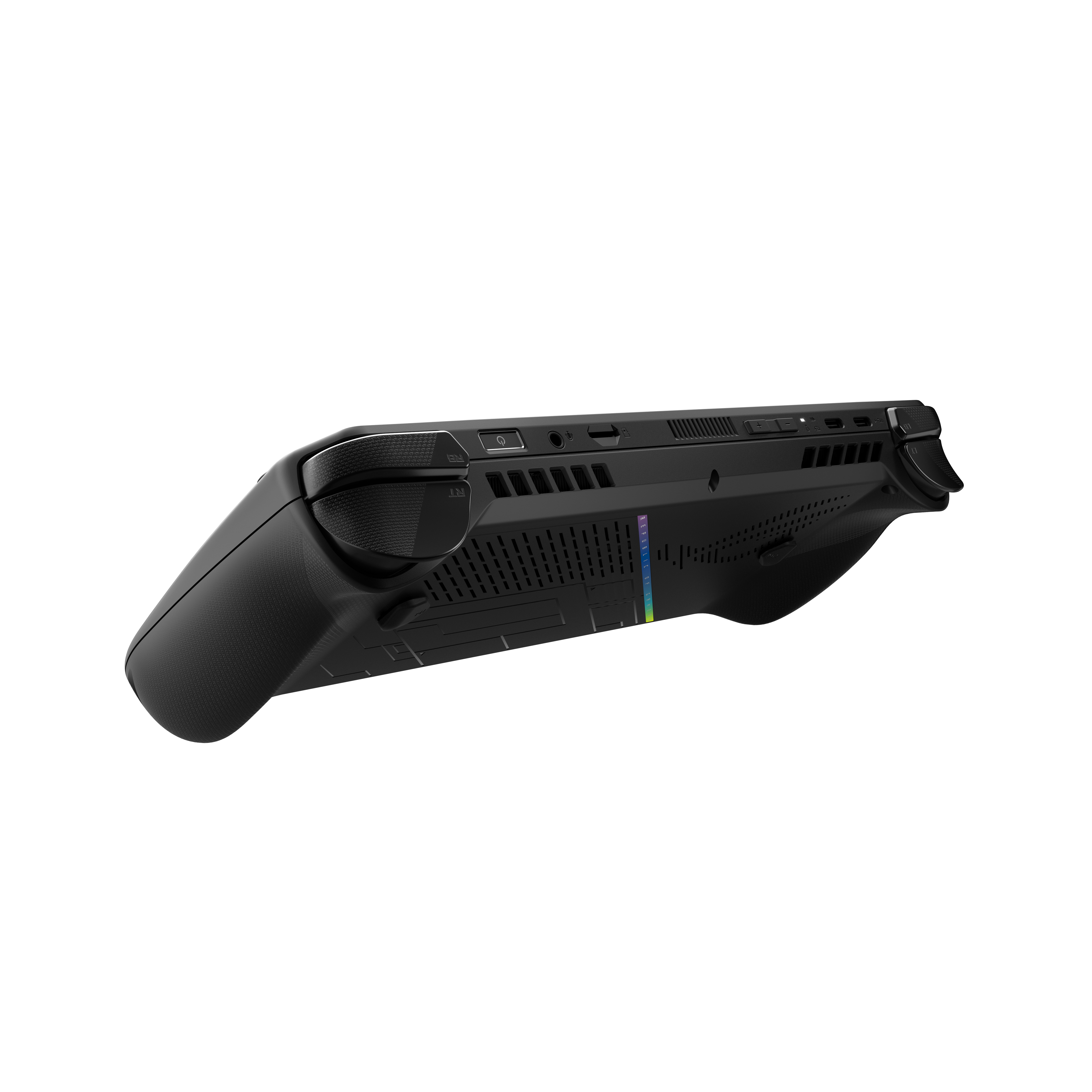 Schwarze Handheld-Spielekonsole mit schwarzen Bedienelementen auf weißem Hintergrund.