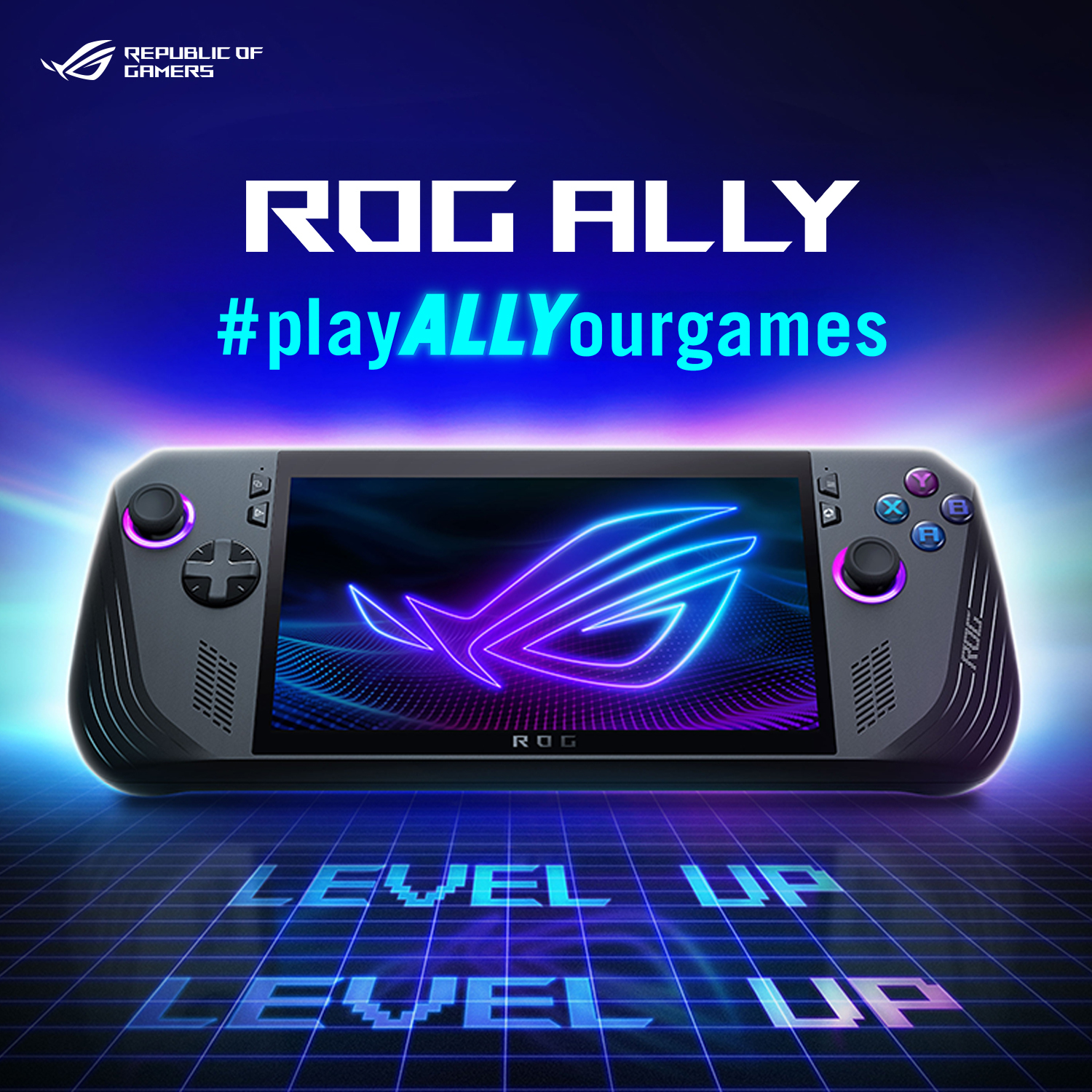 Eine Handheld-Spielekonsole mit Bildschirm, der ein Logo zeigt, umgeben von Text und einem lebendigen Farbschema.