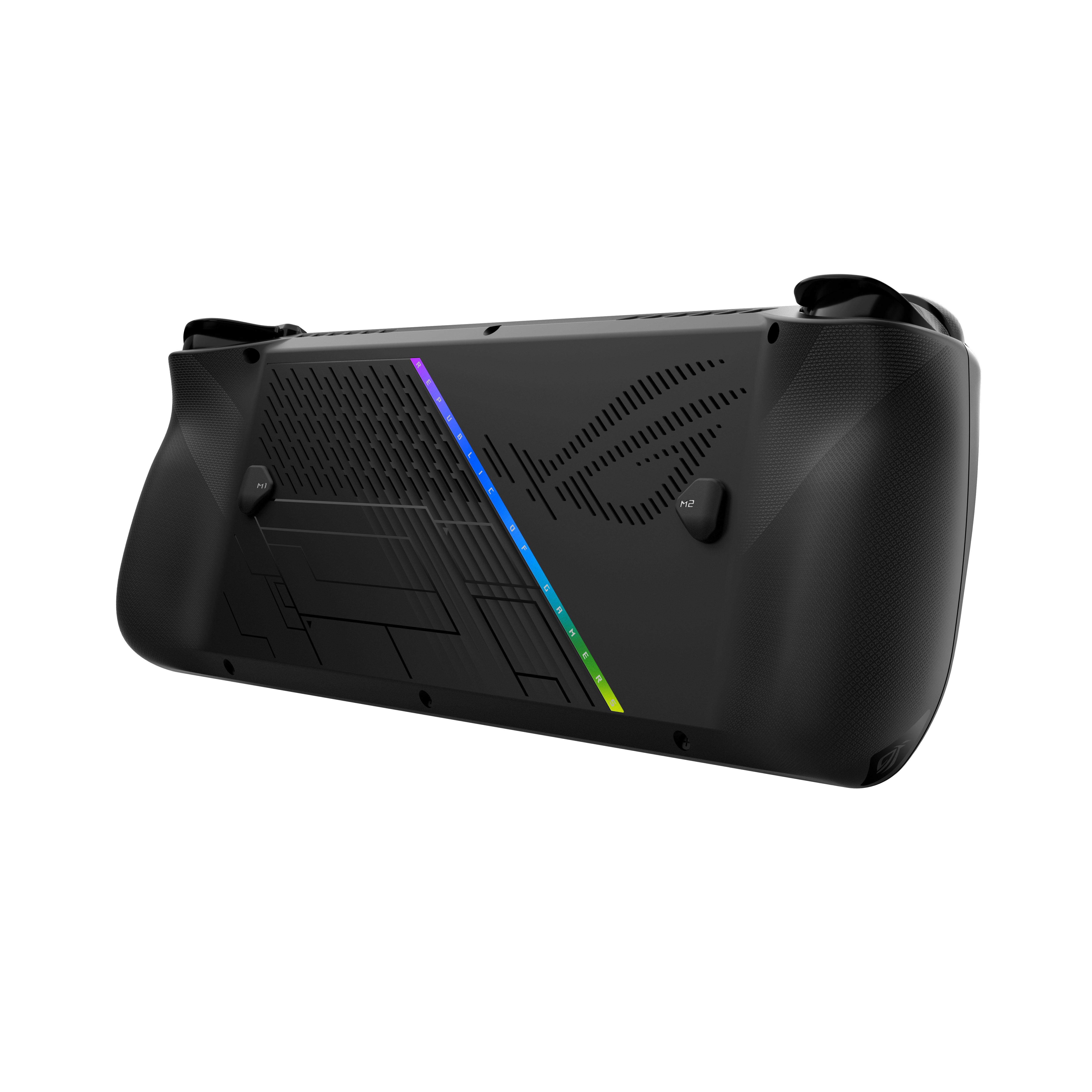 Rückseite eines schwarzen Handheld-Gaming-Geräts. Angeschnittene Ansicht. Bunte Akzente.