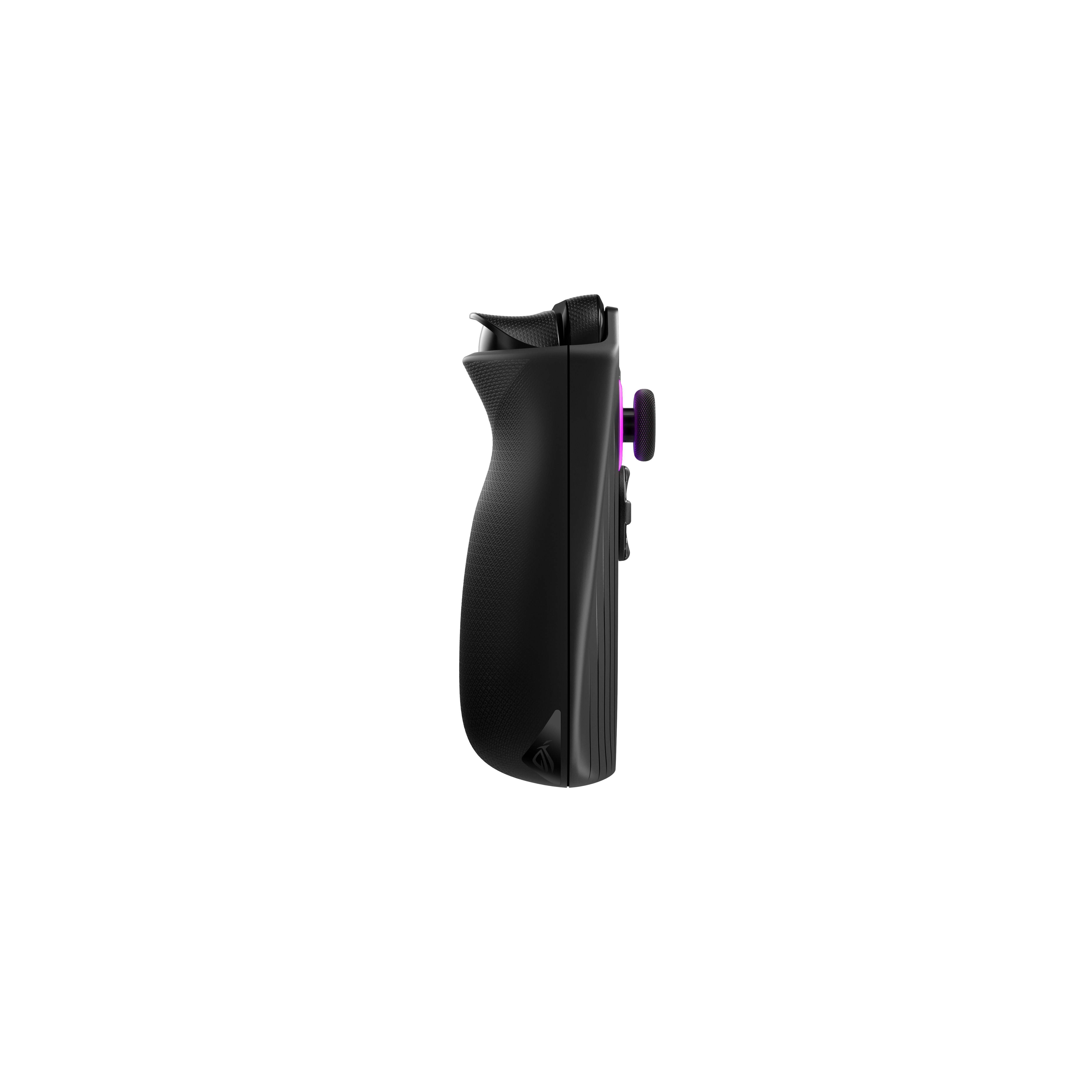 Schwarzer Gamecontroller mit lilafarbenen Akzenten. Weißer Hintergrund.