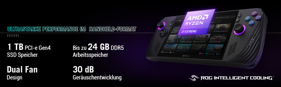 Handheld-Gaming-Konsole auf schwarzem Hintergrund. Merkmale: 1 TB SSD, 24 GB RAM, Dual-Fan-Design.